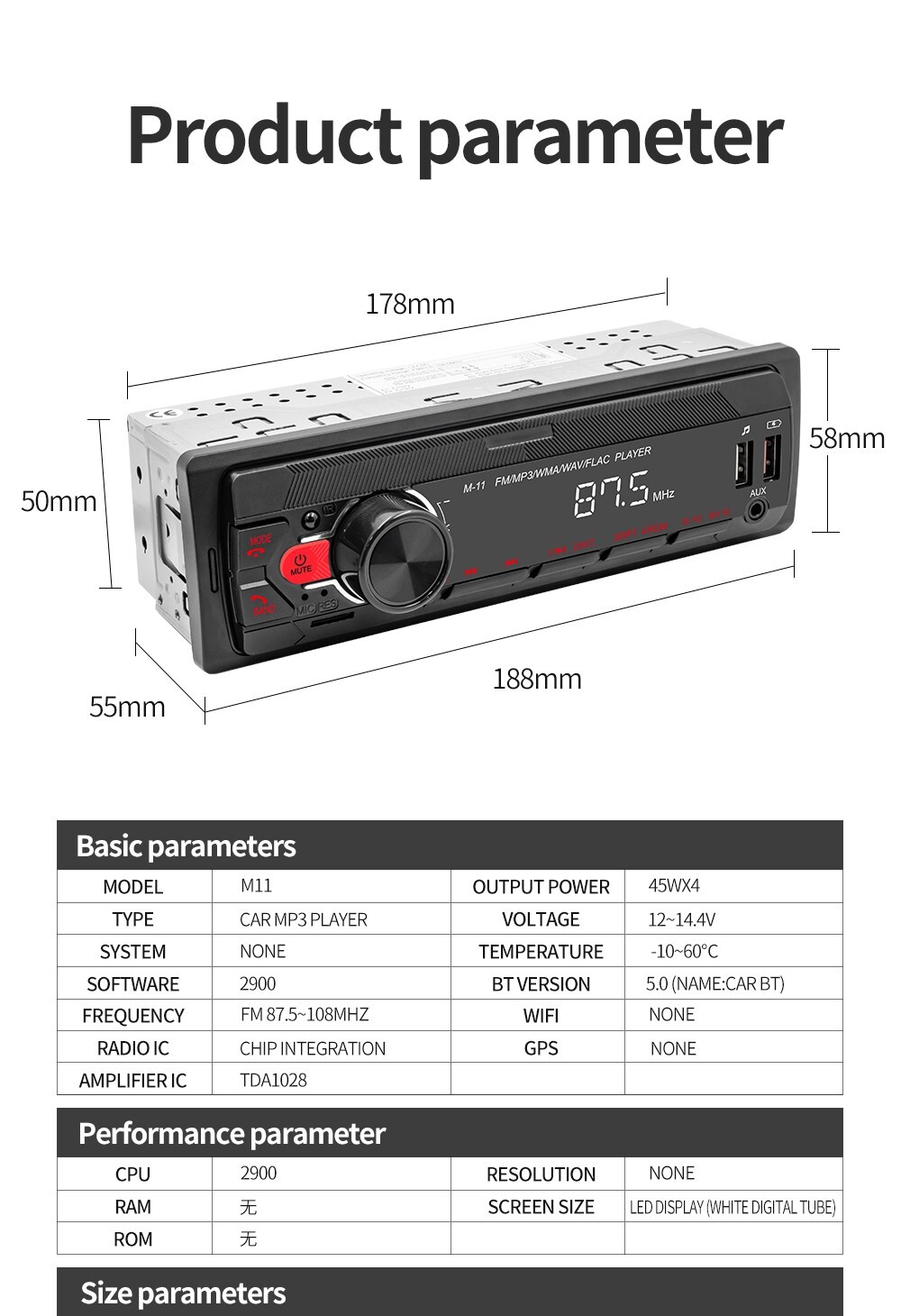 1 Din Fixed Panel Colorful Lights Car Radio Stereo Receiver Usb Aux TF BT FM Mp3