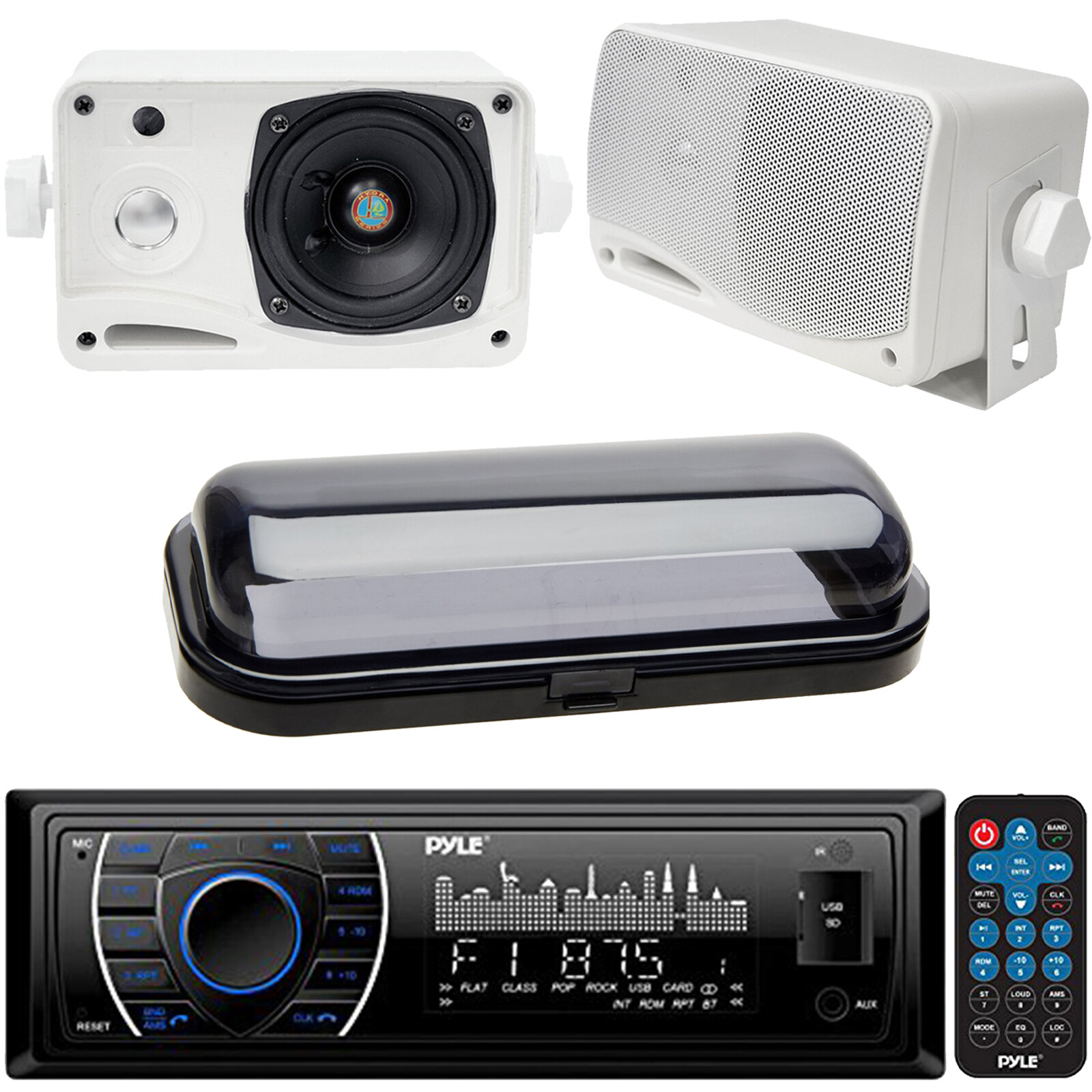 Pyle In Dash Marine MP3 USB SD Media Receiver, 2 White Box Speakers + Cover