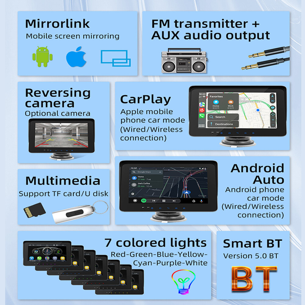 Portable 7″ Car Stereo Carplay/Android Auto Radio Bluetooth Airplay Touch Screen