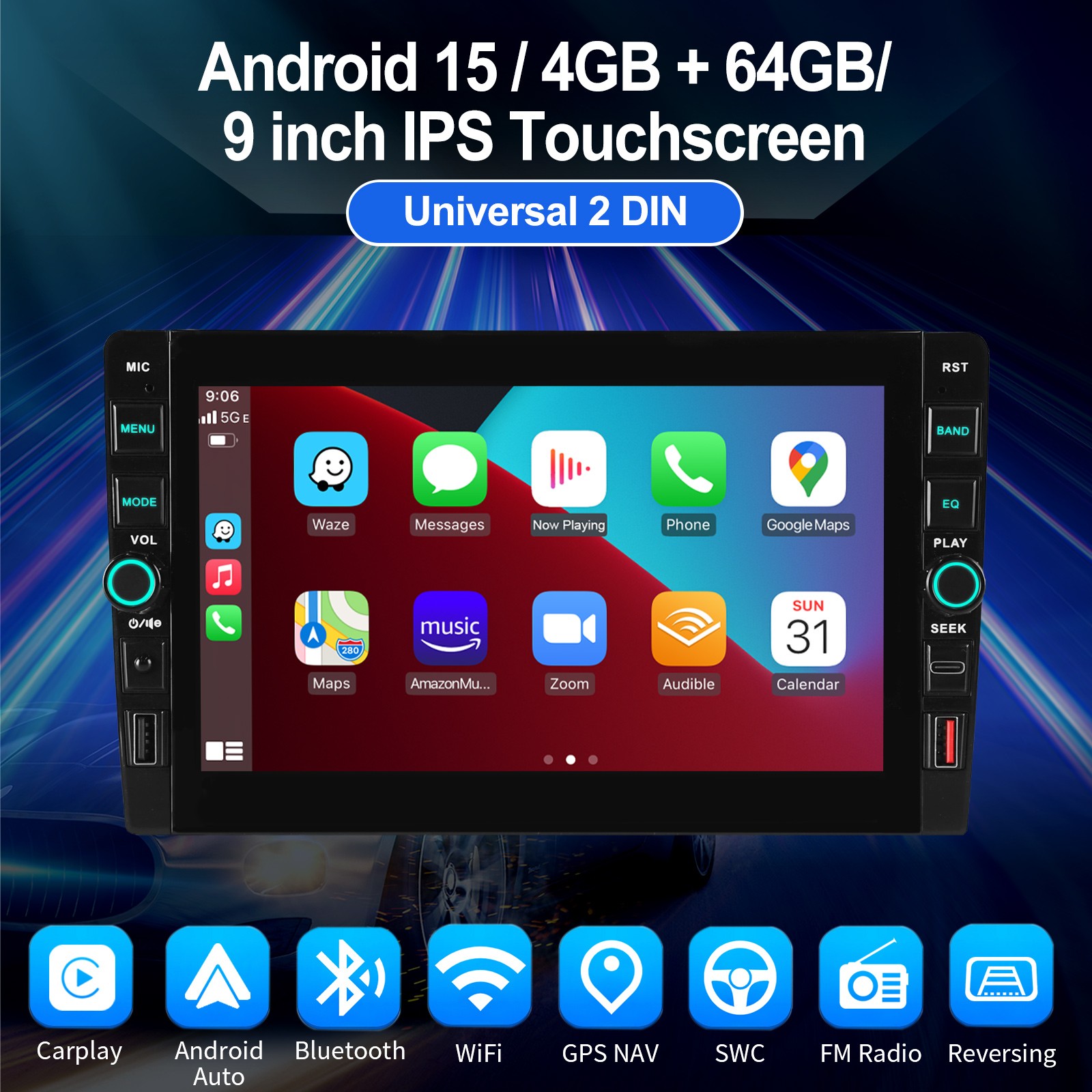 9″ 2DIN QLED Car Stereo Radio Android 15 Carplay USB Head Unit GPS 4+64GB Navi
