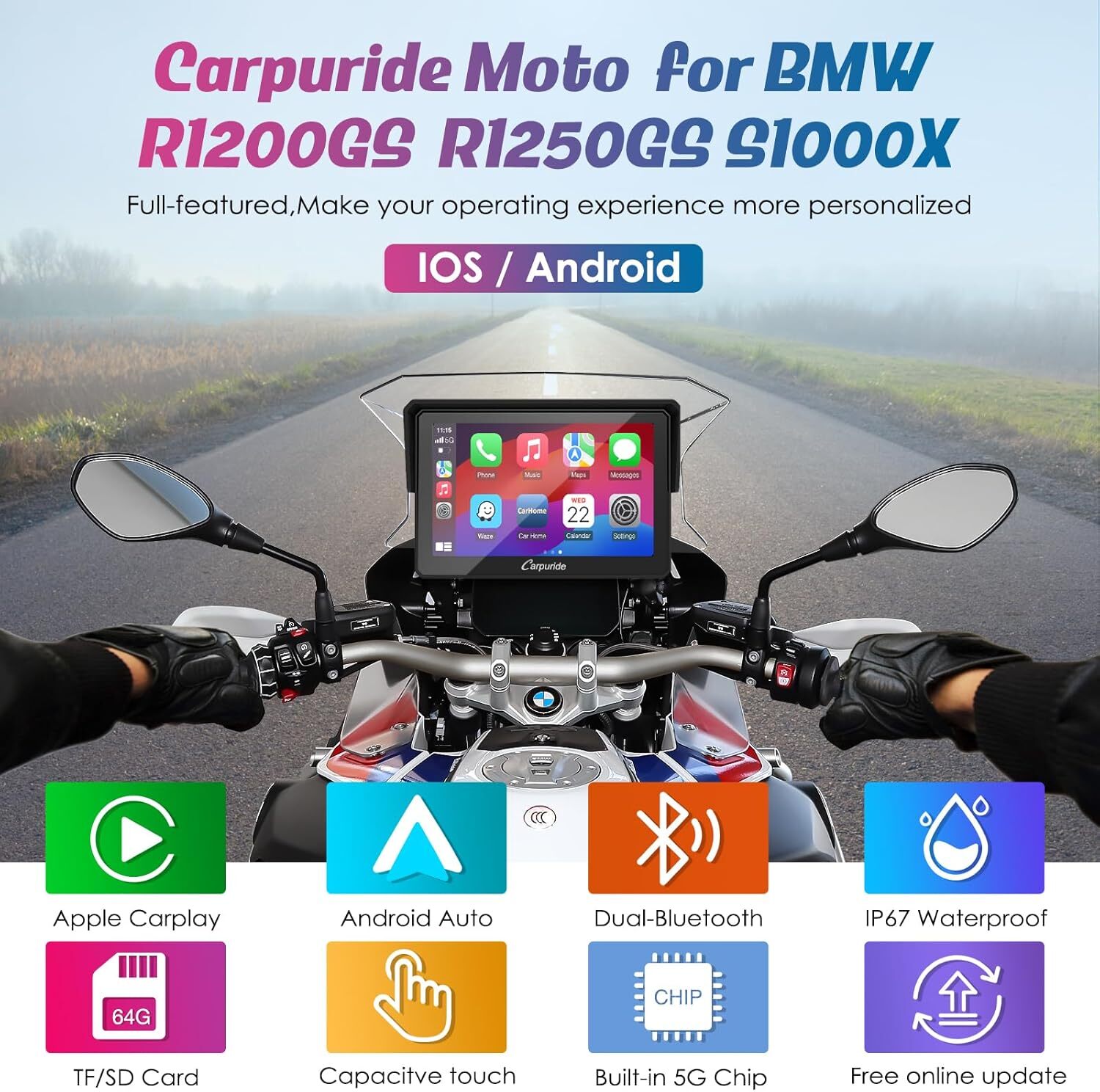 Carpuride W502B BMW Moto Wireless Carplay Dual Bluetooth Android Auto Waterproof