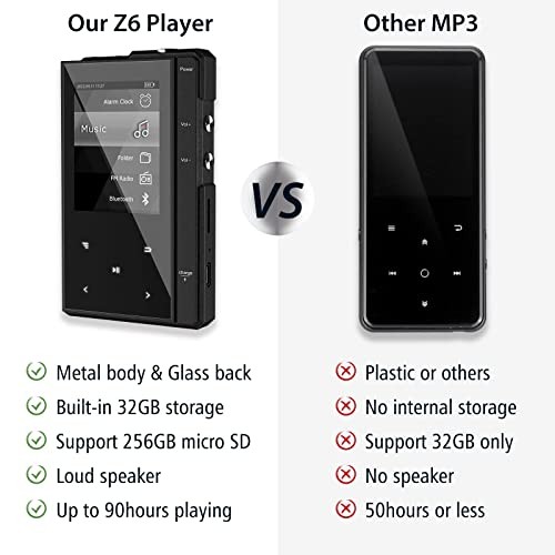 32GB MP3 Player with 90 Hours Long Battery Life—Bluetooth 5.0—Z6 Black 32GB