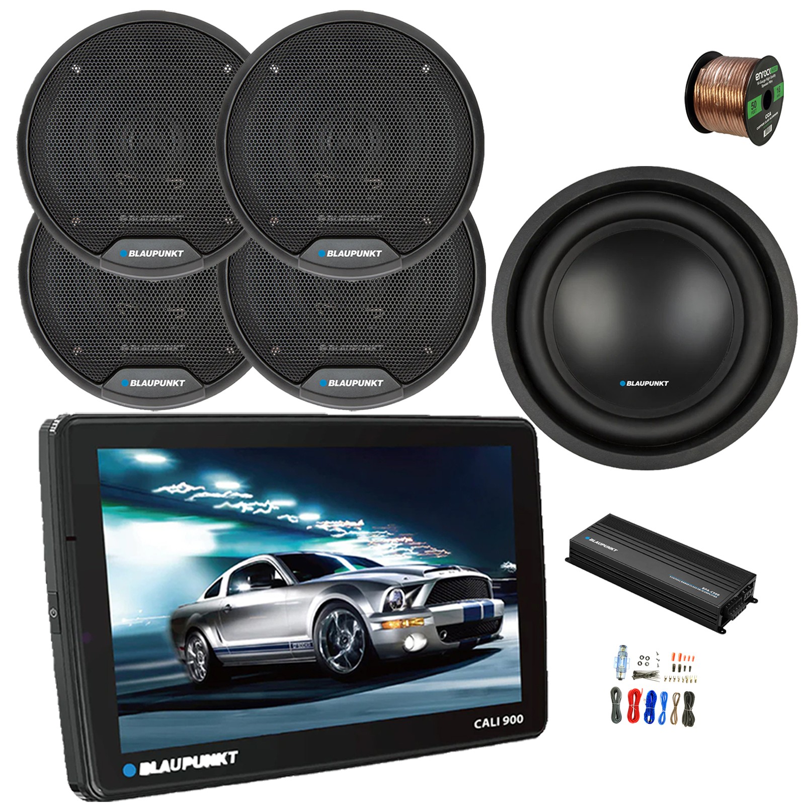 Blaupunkt 9″ Touchscreen WiFi Radio, Amp w/Kit, 10″ Sub, 4x 6″ 40W Speaker,Wire