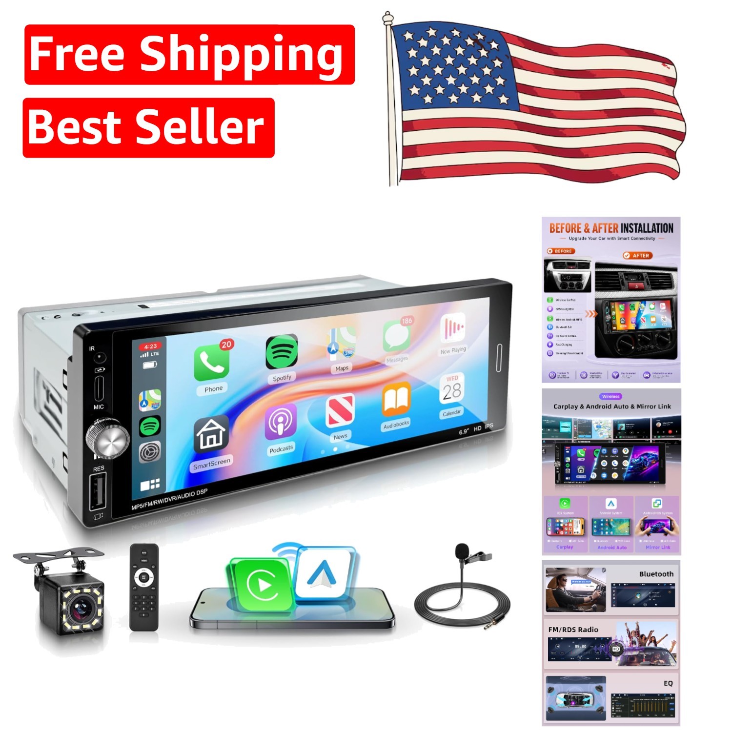 Bluetooth 5.2 Touchscreen Car Audio with Backup Camera & Steering Wheel Control