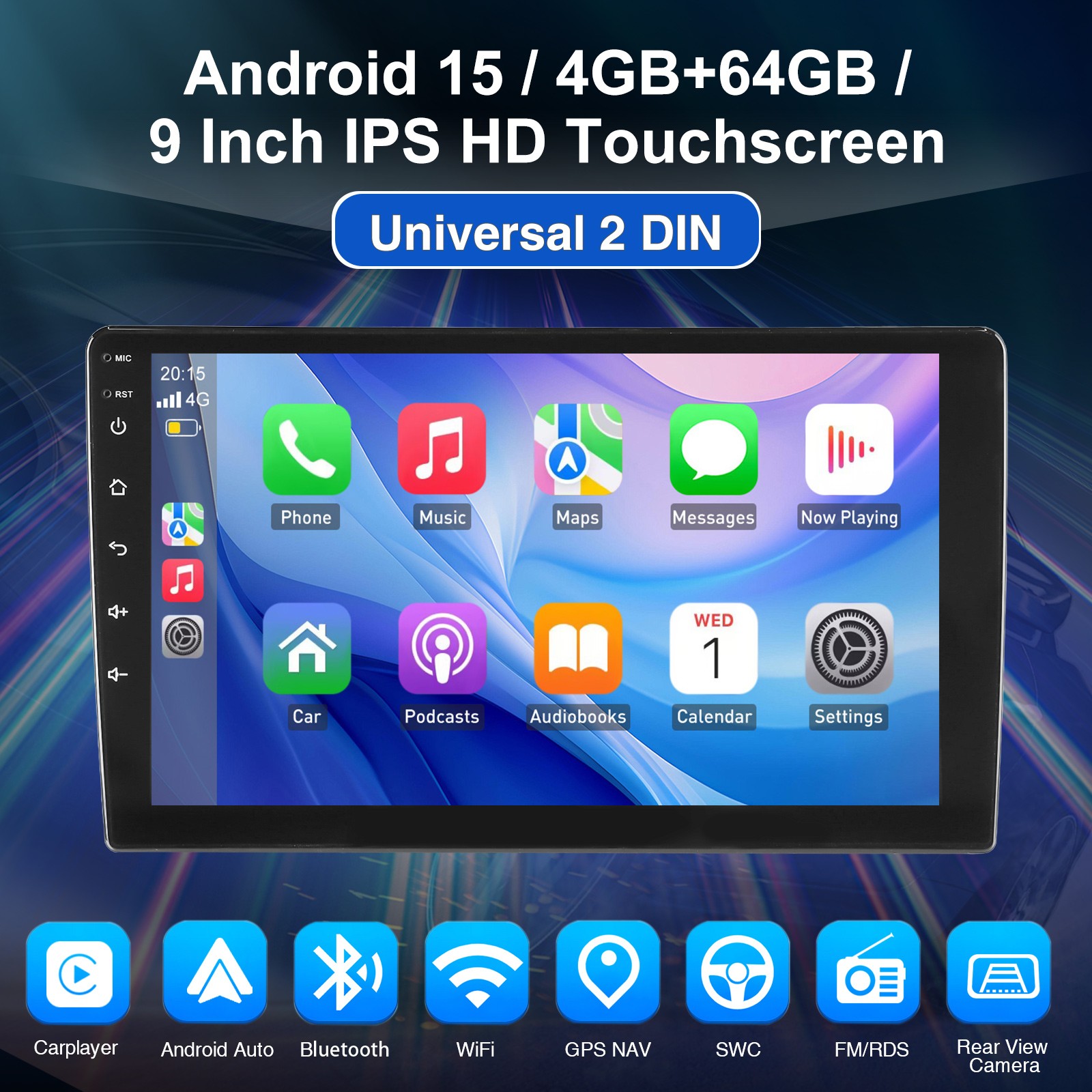 MOPECT 4+64GB 9″ Double 2 Din Android 15 Car Stereo Radio WiFi Carplay BT FM+AHD