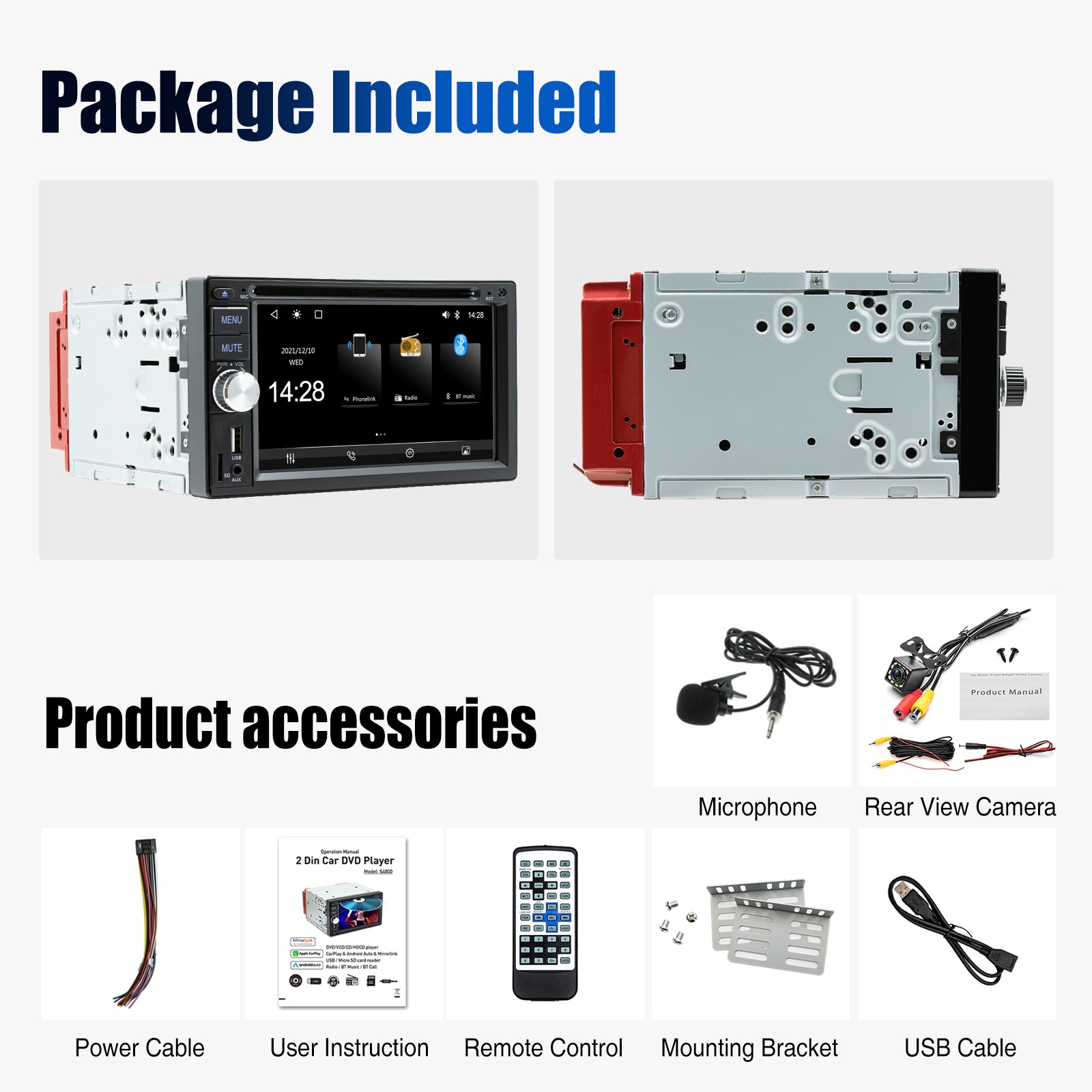 6.2 inch Car Stereo Radio Double DIN Apple/Android Carplay BT RDS with Mic Cam