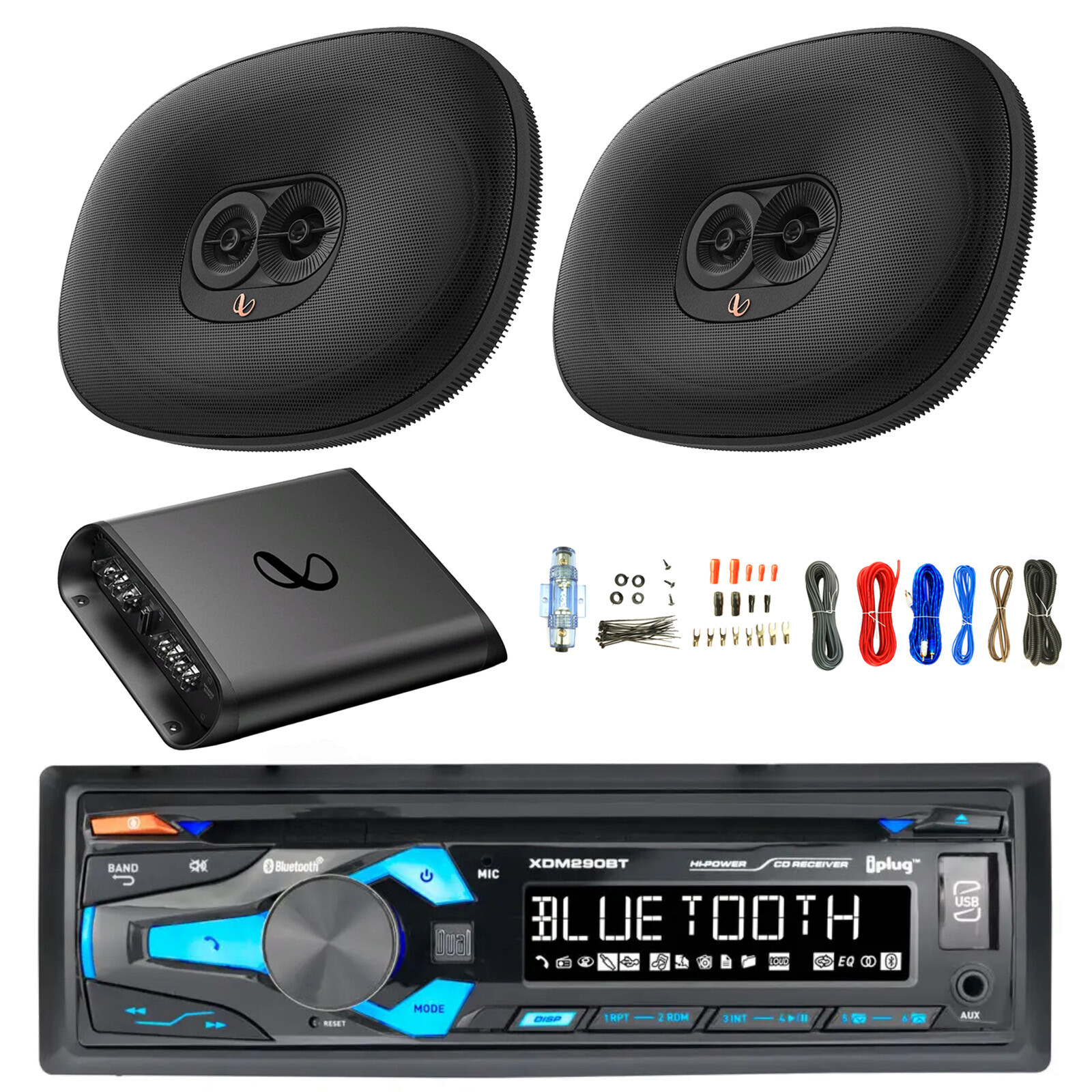 In-Dash Bluetooth AM/FM MP3 CD Stereo Receiver, 2x 6×9″ 180W Speakers, Amp w/Kit