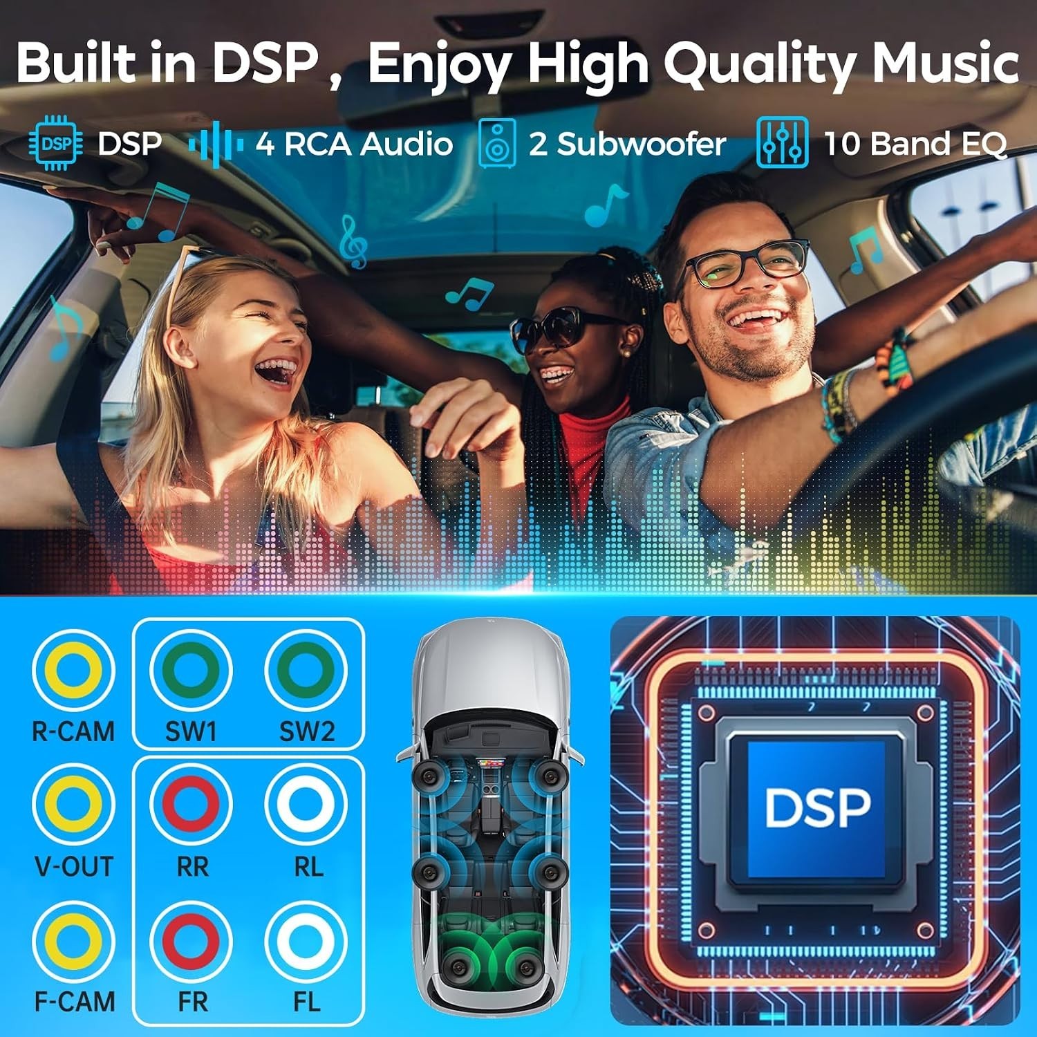 10.1-Inch Double Din Car Stereo with Music Sync Light & Steering Wheel Control