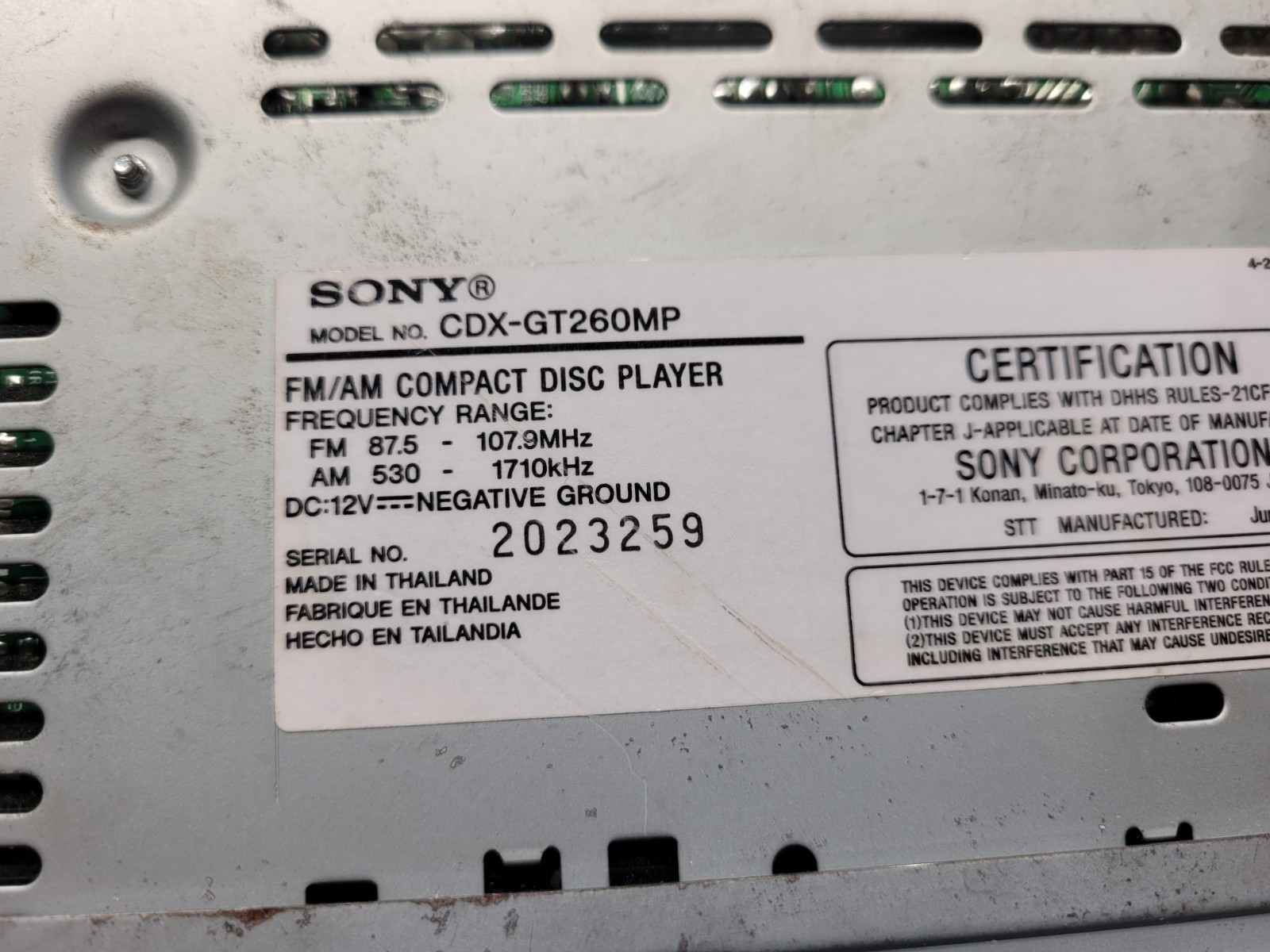 Sony CDX-GT260MP Car Stereo FM/AM CD Player MP3 Aux Tested And Working