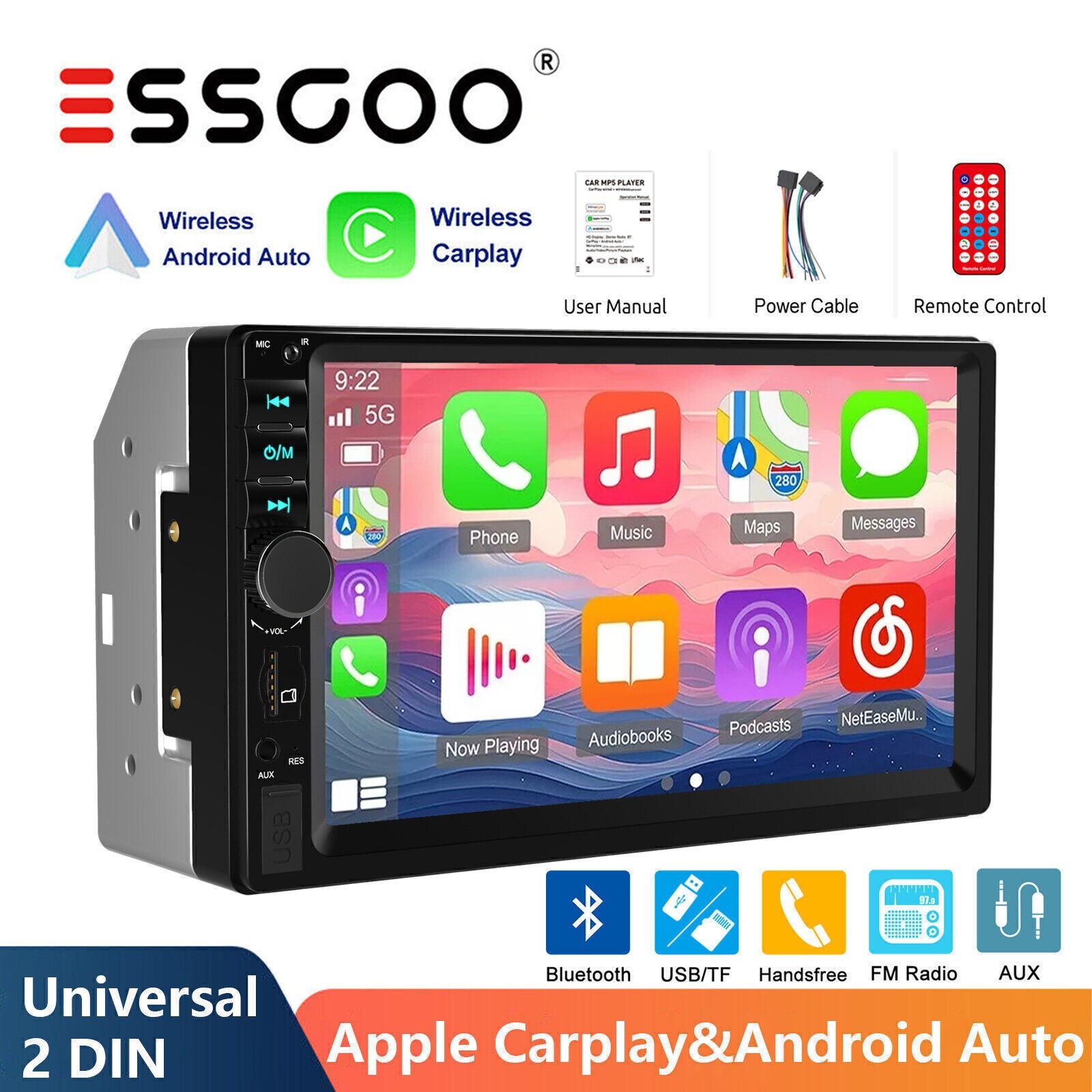 7″ Double DIN Car Radio Touch Screen MP3/MP4/5 Apple Carplay Android Auto AUX FM