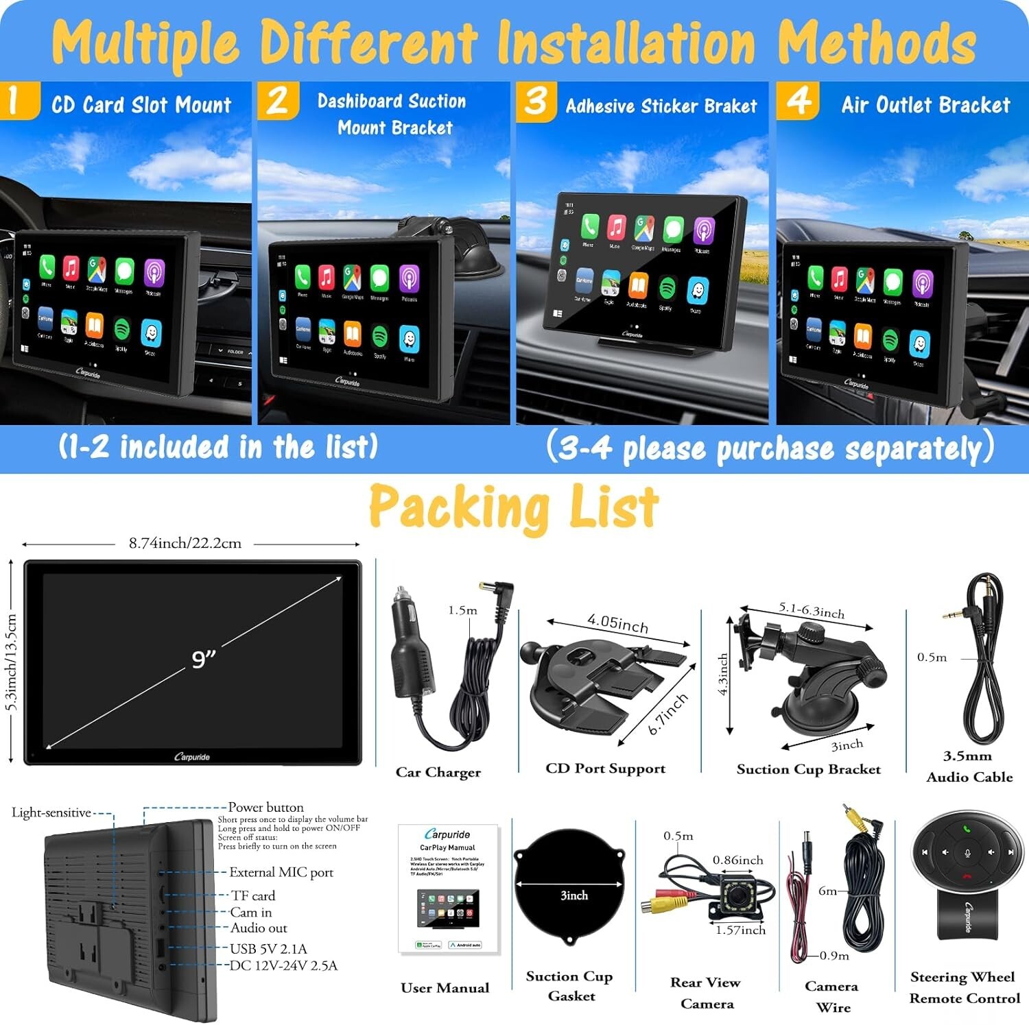 2023 Newest Portable Carplay BT Stereo Wireless Apple Android Auto Backu
