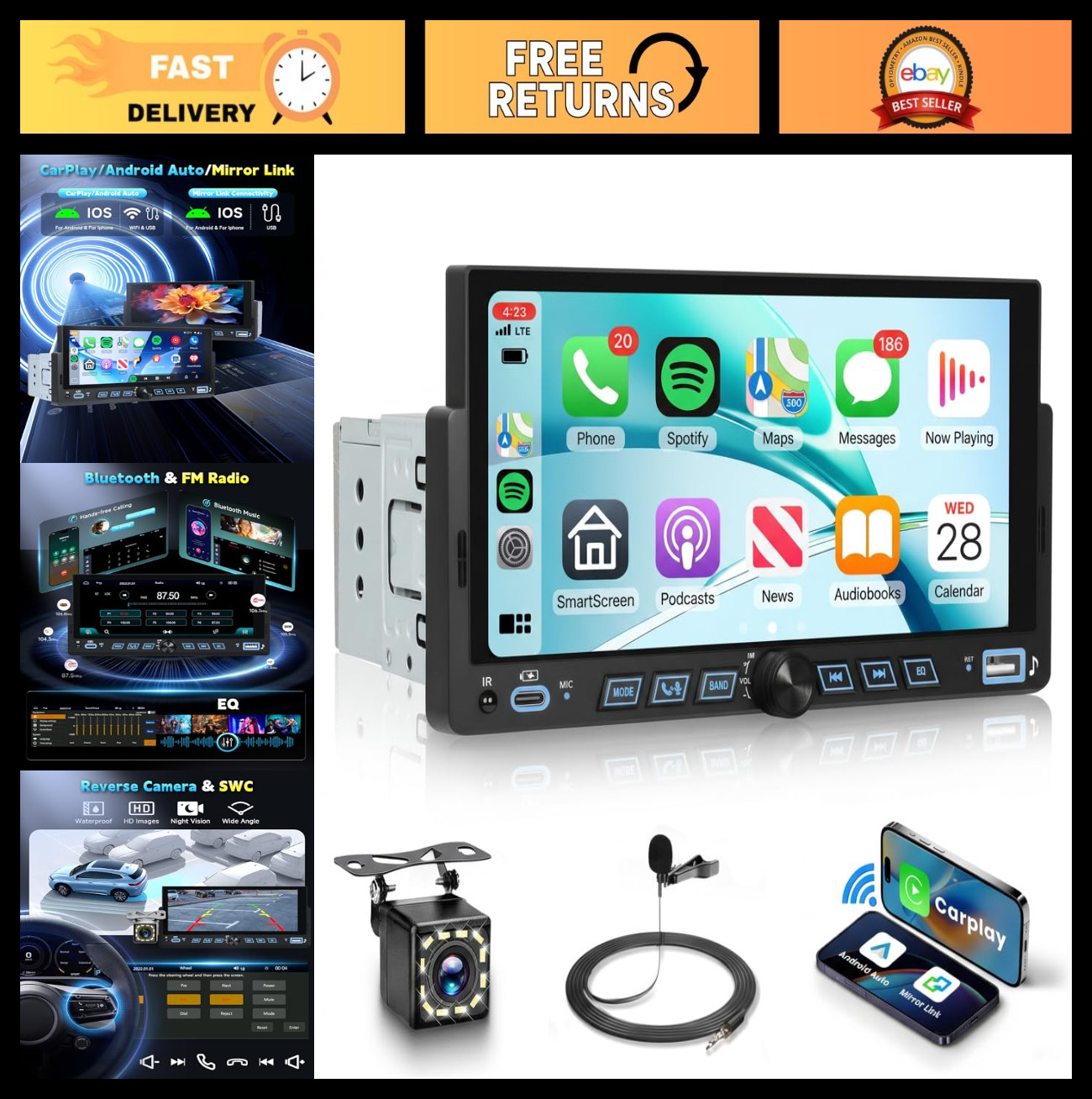 Single Din Car Stereo with Carplay & Android Auto, 6.86″ Touchscreen, Bluetooth