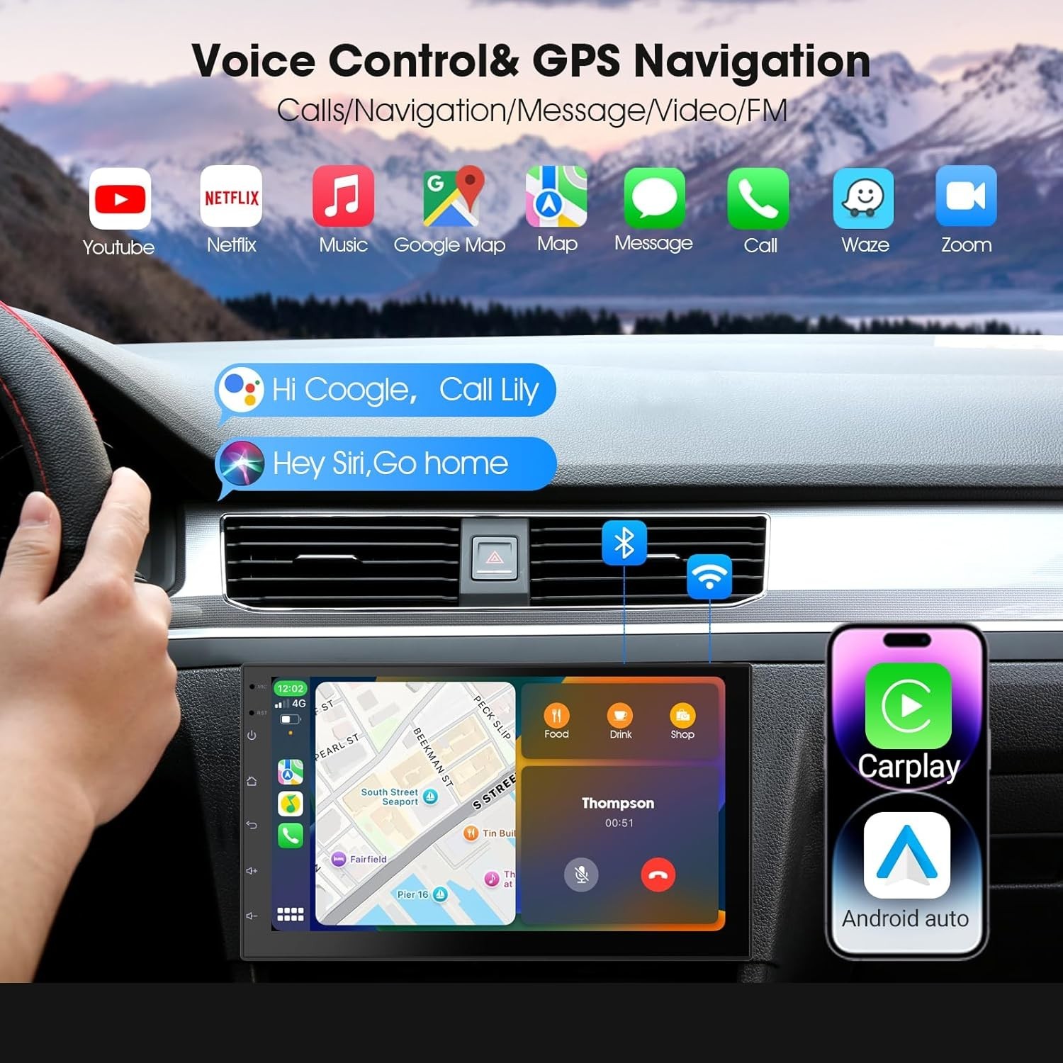 Car Stereo with Wireless CarPlay Android Auto 7 Inch Touch Screen Backup Camera