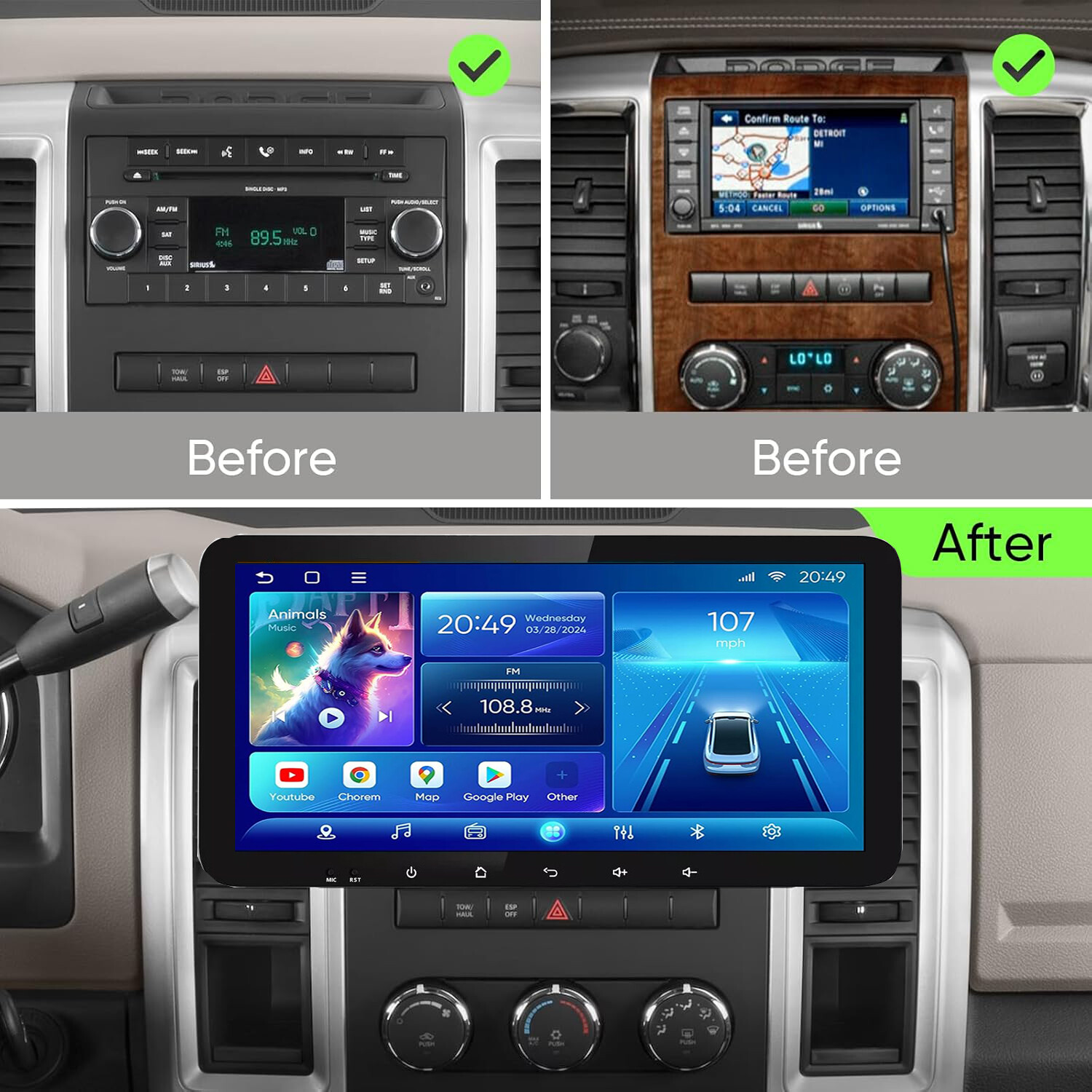 10.3″ Car Stereo Carplay Android 15 GPS Radio For Jeep, Dodge, Chrysler Series