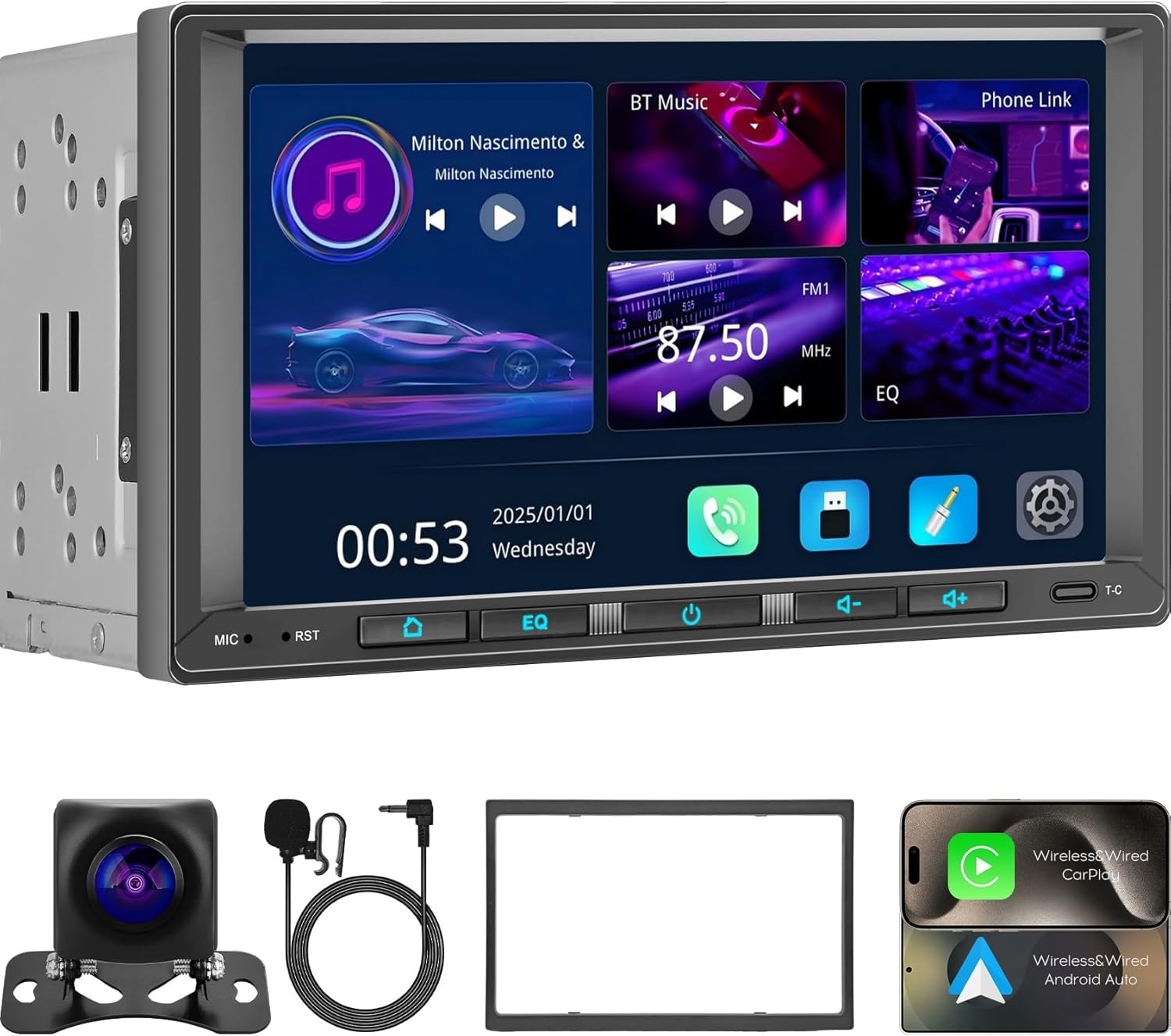 7″ Double DIN Android Auto Carplay Stereo with Linux OS, SWC, and Backup Camera