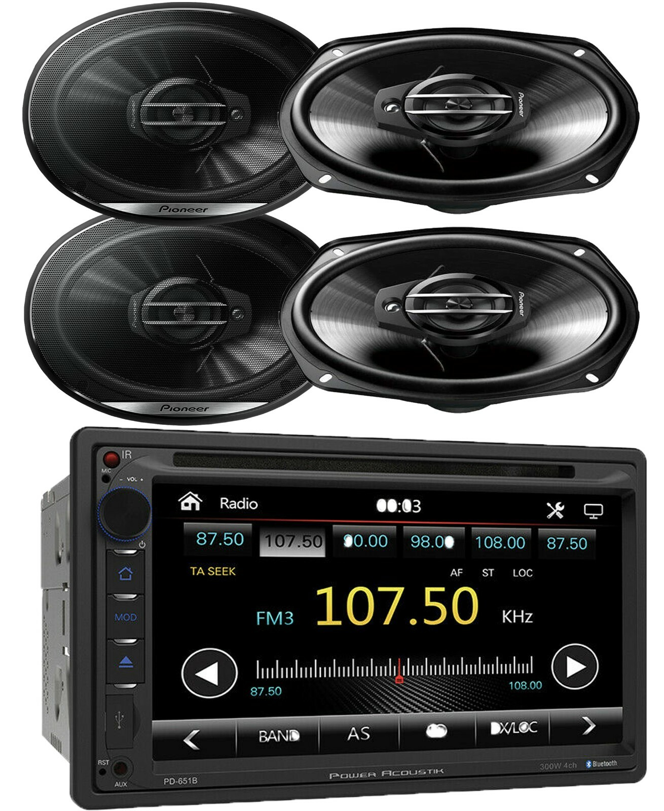 Power Acoustik PD-651B 2-DIN DVD/CD Receiver +4x Pioneer TS-G6930F 6×9″ Speakers