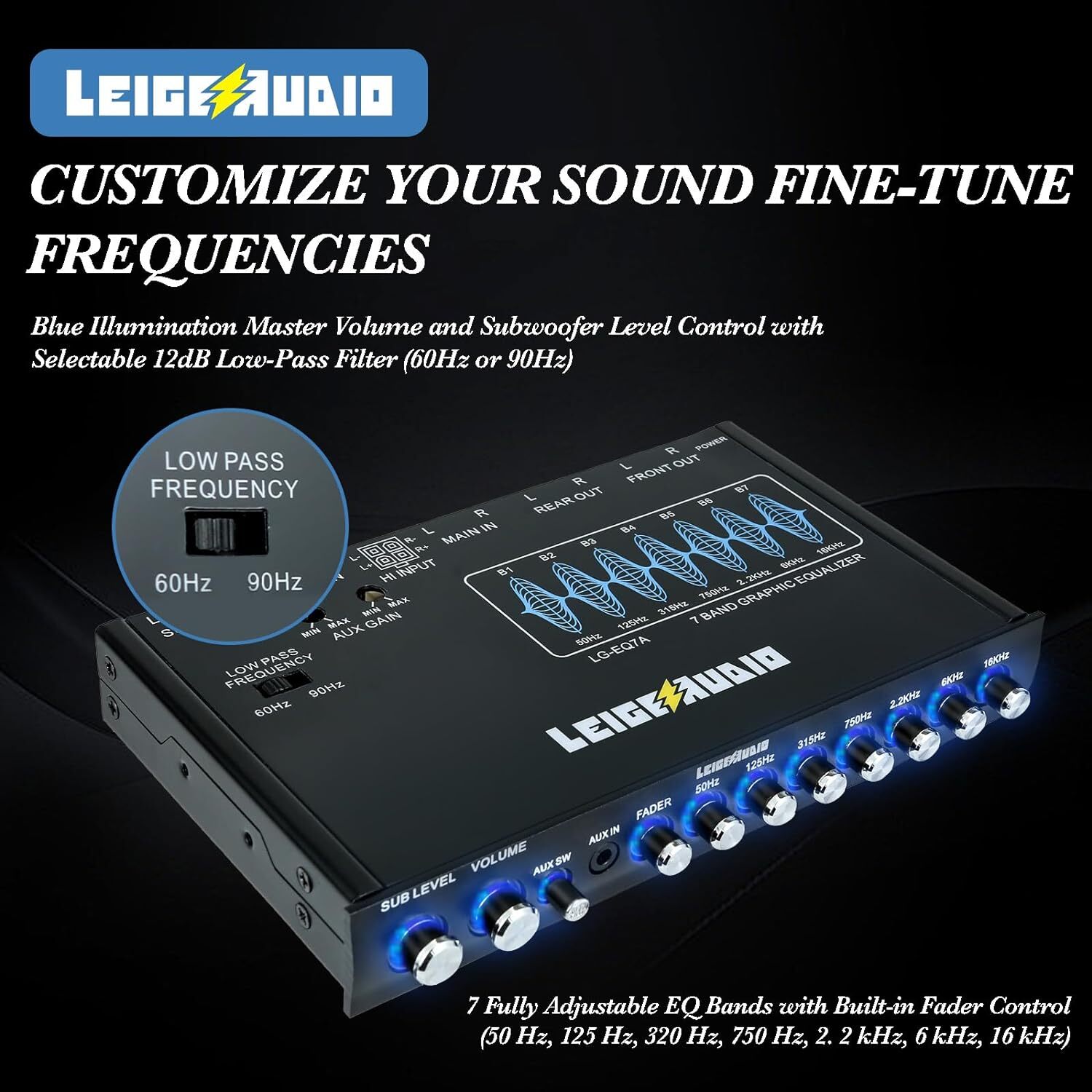 LG-EQ7A 7-Band Car Audio Graphic Equalizer with Front 3.5mm Aux Input, High