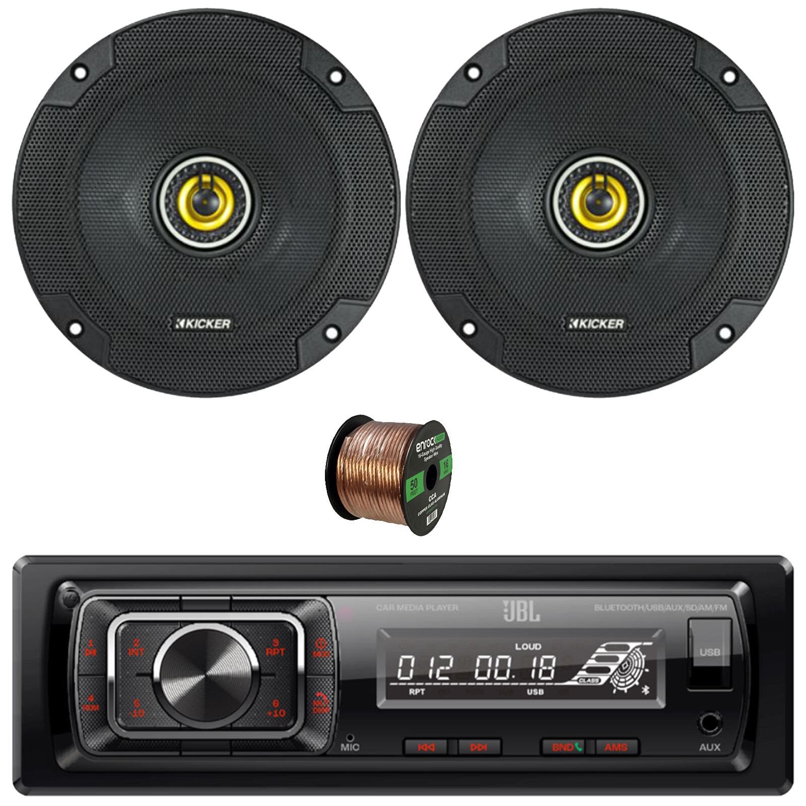 JBL 1-DIN Bluetooth Receiver, 2x 6.5″ 300W Max Speakers W/50 Feet 16 Gauge Wire