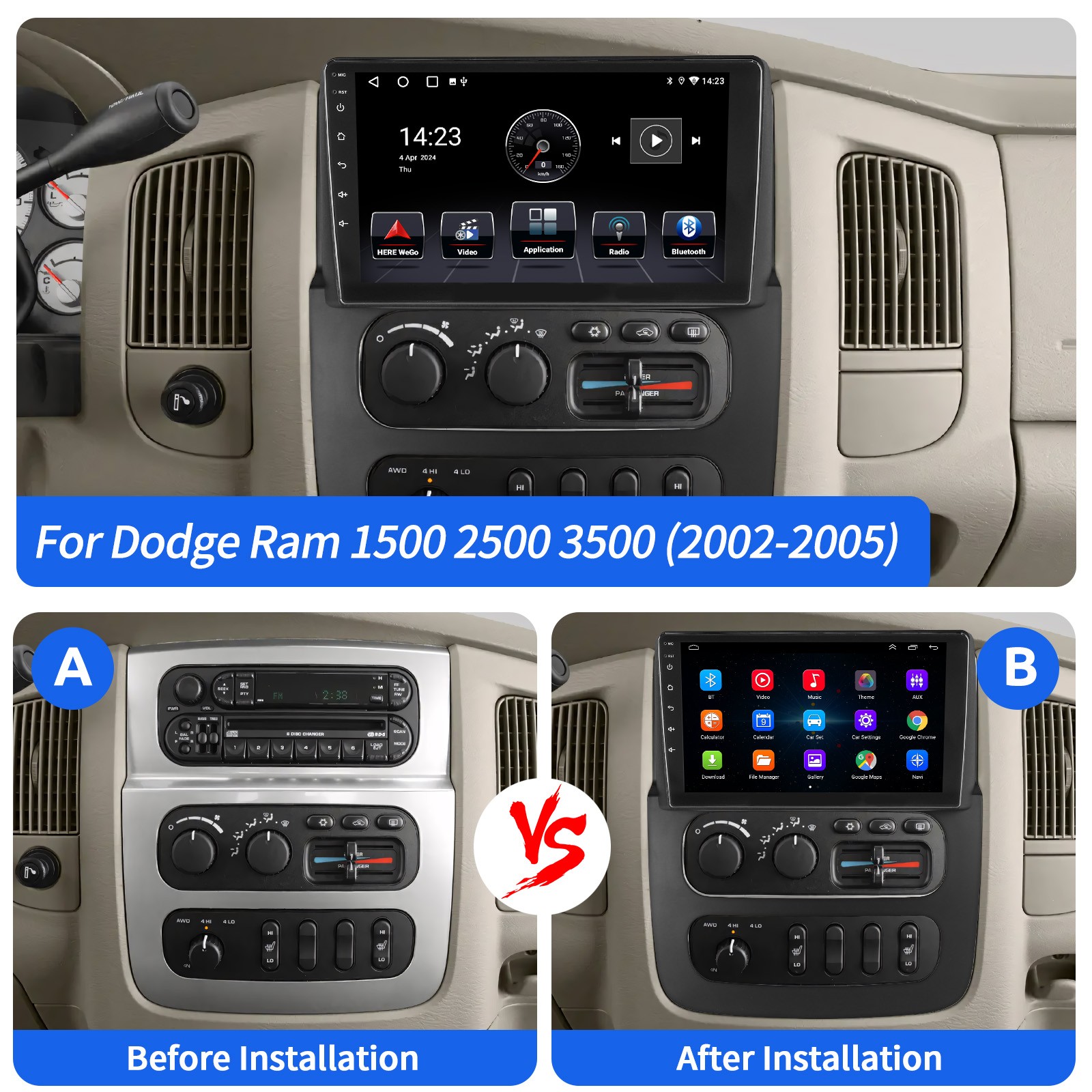 2+32G Car Stereo Radio Android 14 Carplay For 2002-2005 Dodge Ram 1500 2500 +DVR