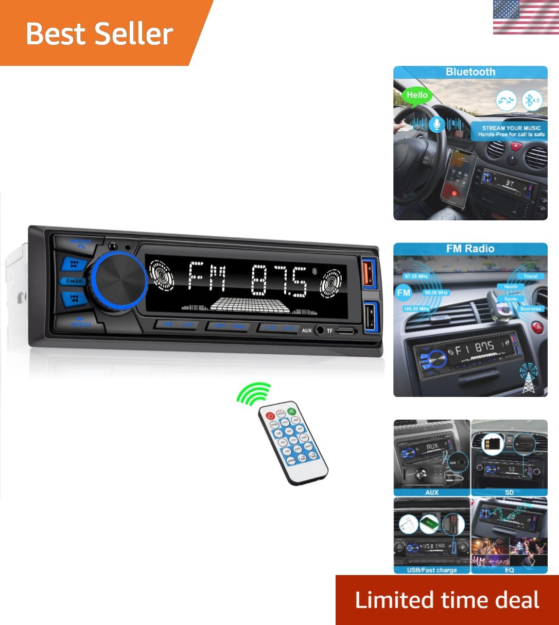 Compact Car Audio System with Bluetooth, Dual USB & Adjustable EQ Functionality