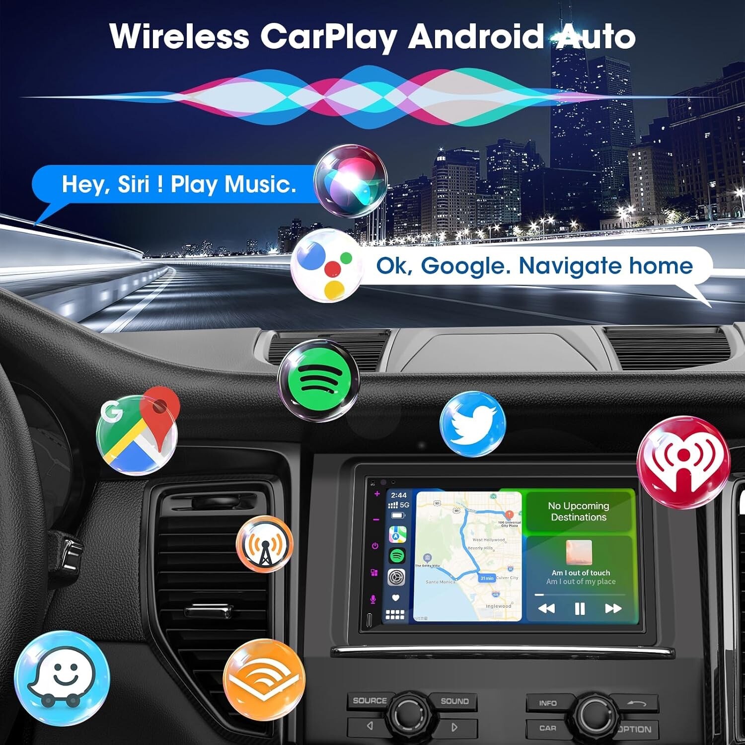 Double Din Wireless CarPlay Stereo Android Touchscreen Bluetooth, Backup Cam