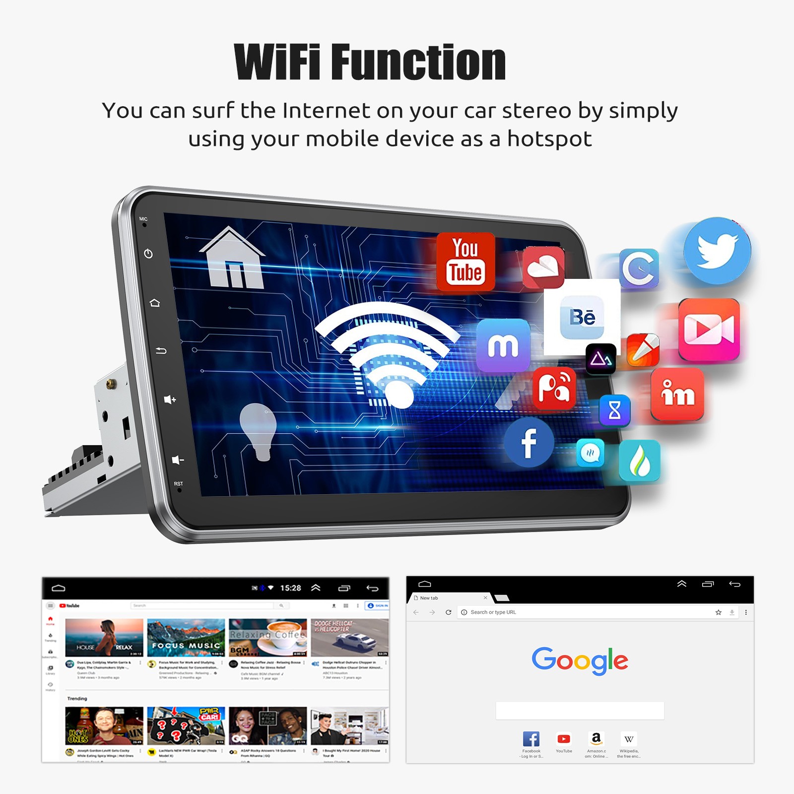 10.1″ 1 Din Android 15 DVR+ Car Stereo Radio Carplay Rotatable 4G+64G BT Camera