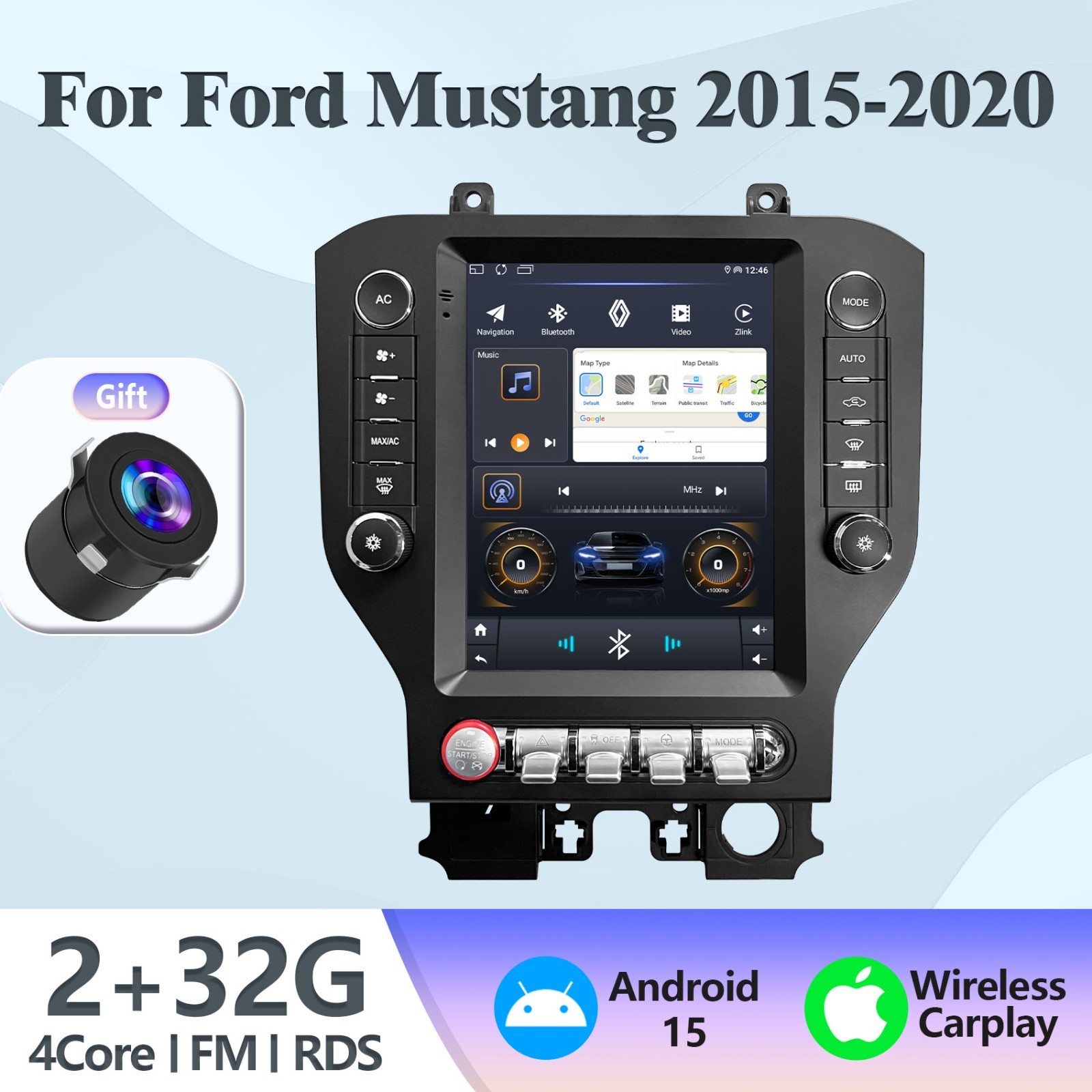 For 2015-2020 Ford Mustang Apple Carplay Car Stereo Radio GPS WIFI with Camera