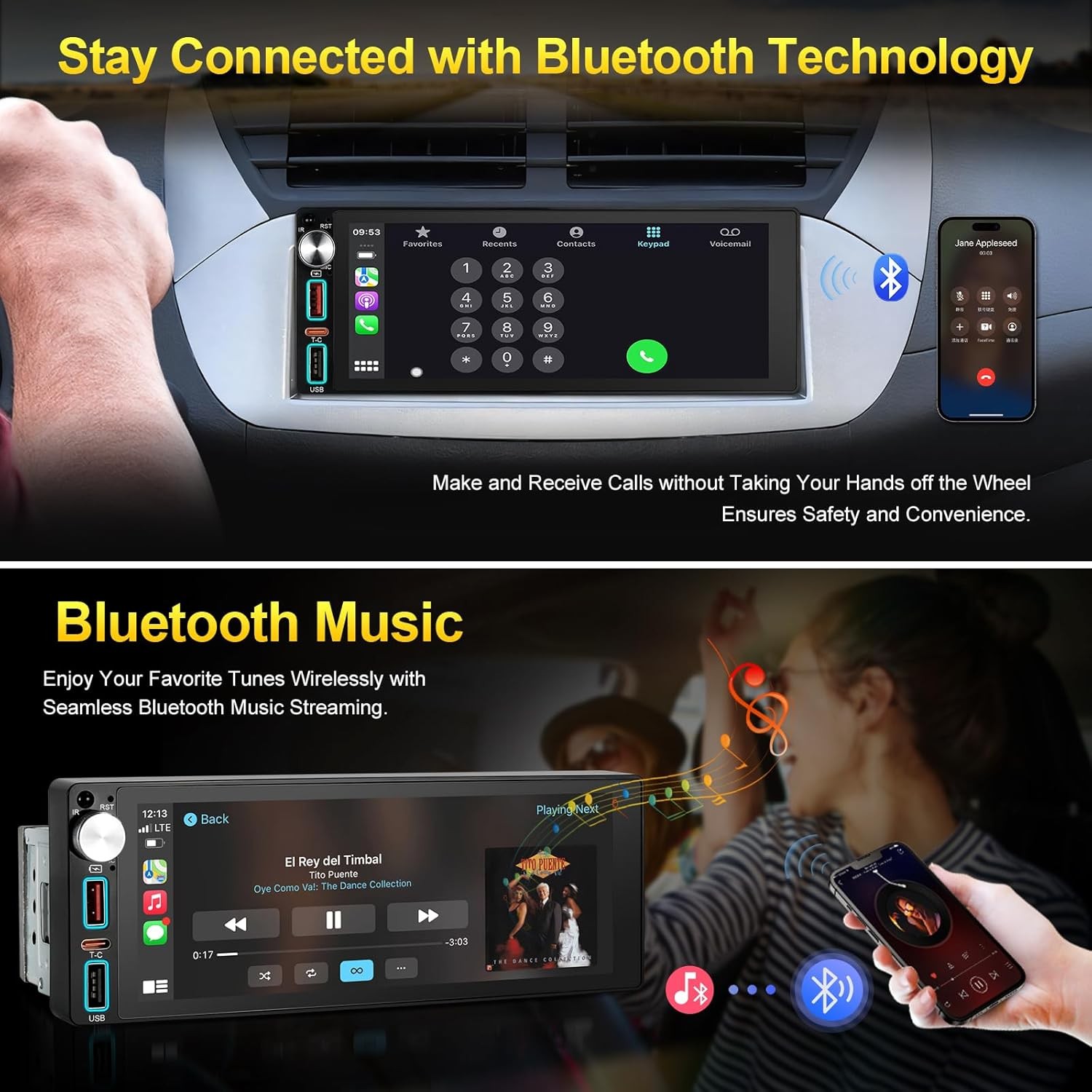 6.9 Inch Single Din Touchscreen Radio with Wireless Apple CarPlay & Android Auto