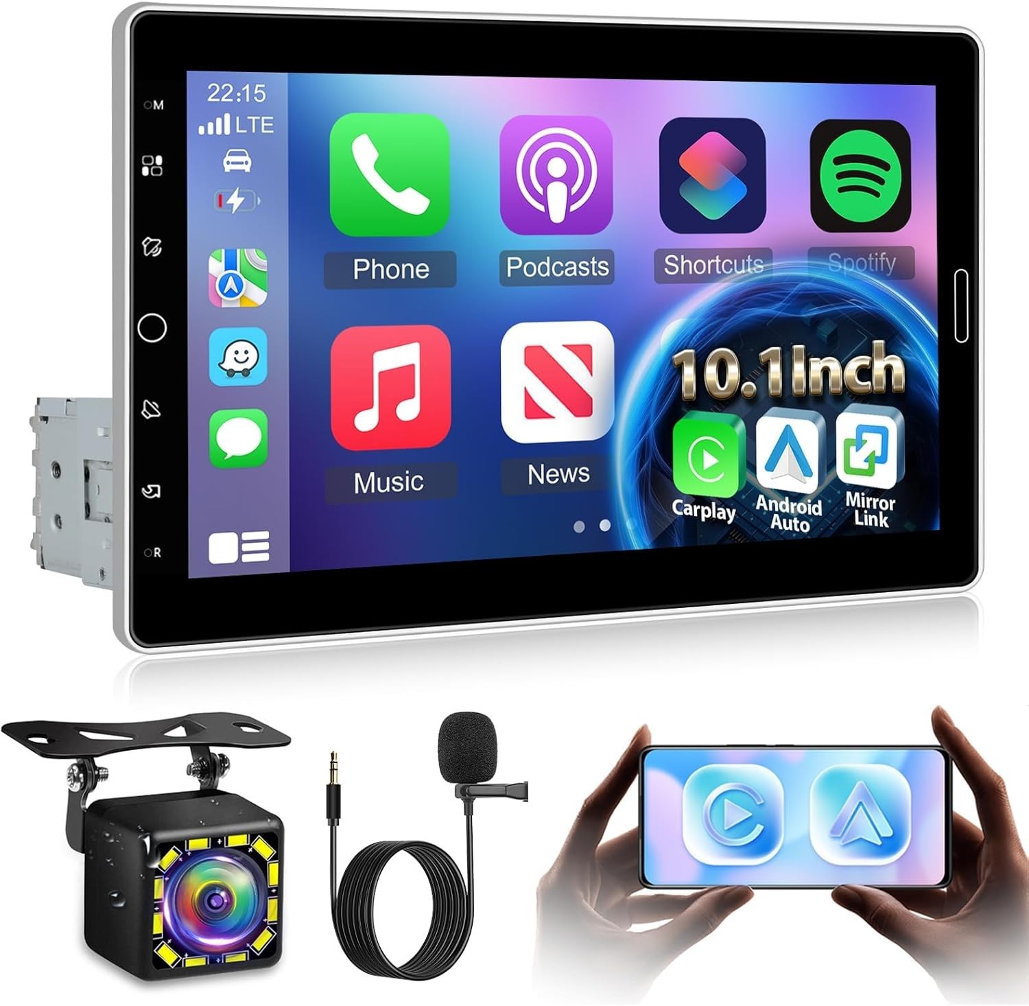 Single Din 10 Inch Touchscreen Car Radio with Wireless Carplay and Android Au…
