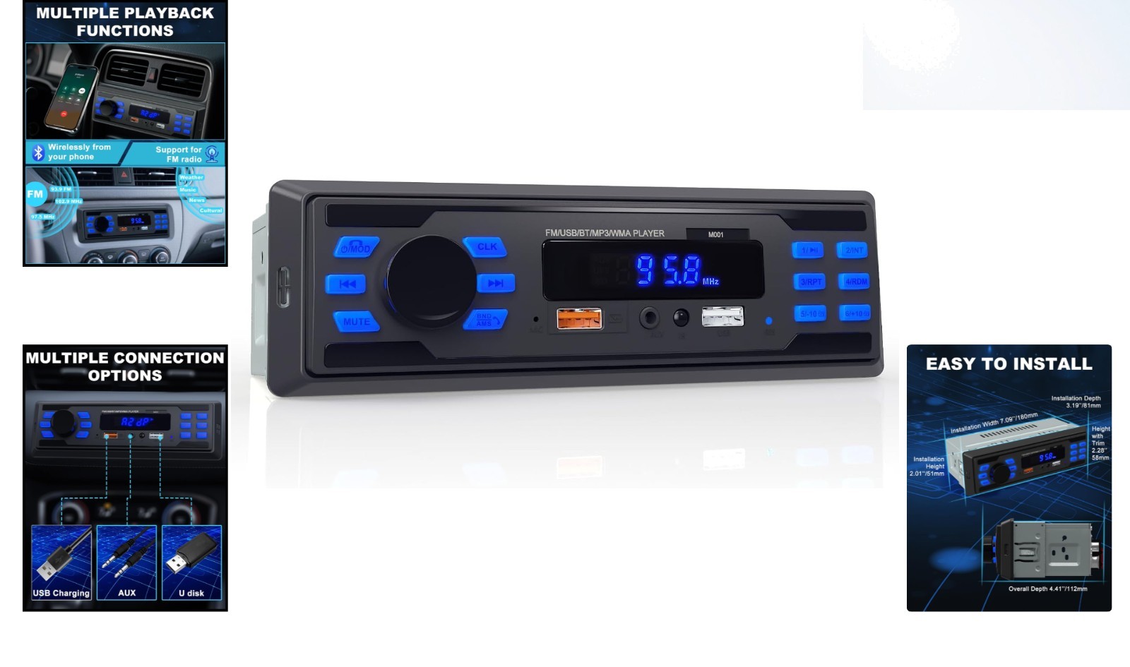 Compact Bluetooth Car Audio System with Dual USB Ports & User-Friendly Interface