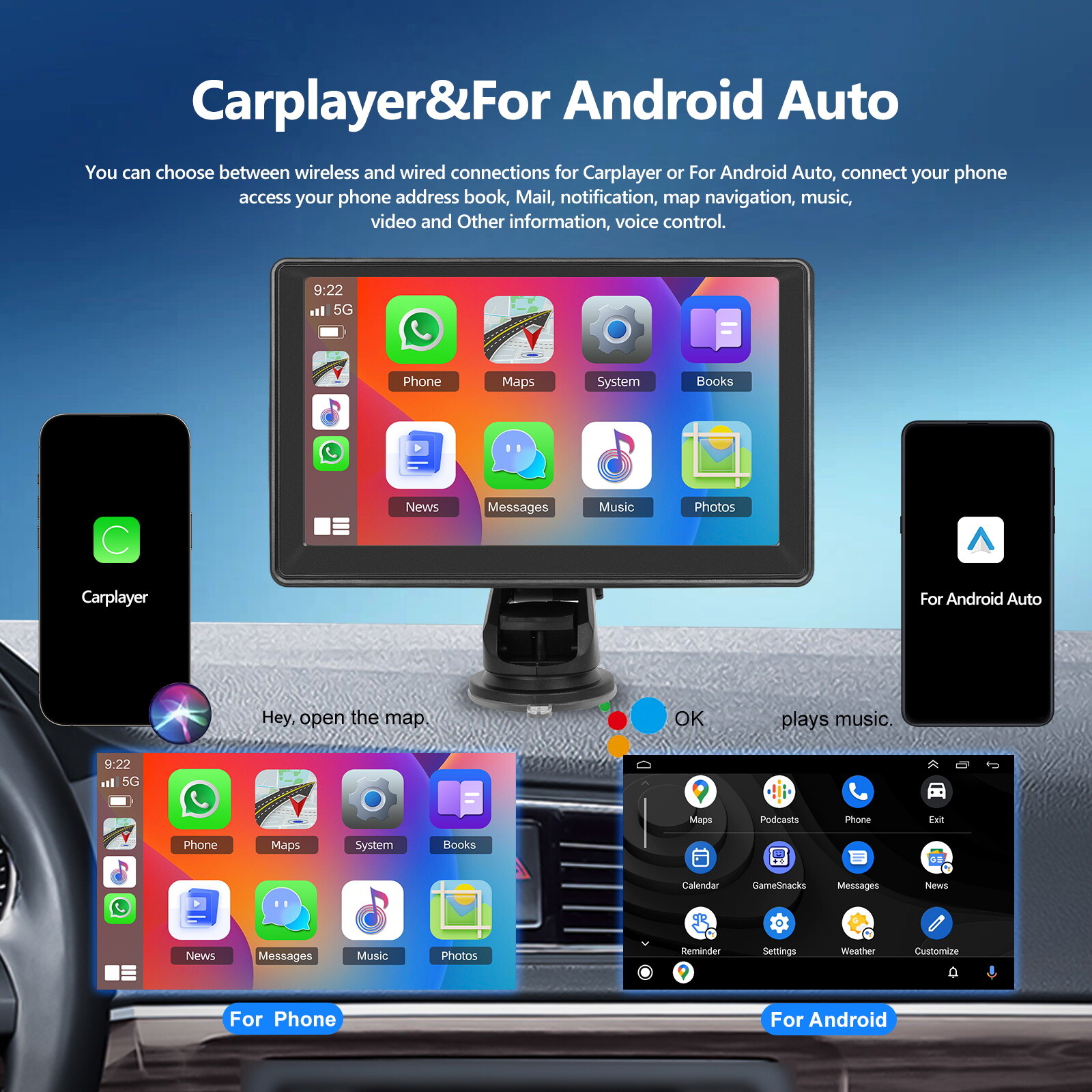 7″ portable smart player wireless car player Android Auto car stereo camera