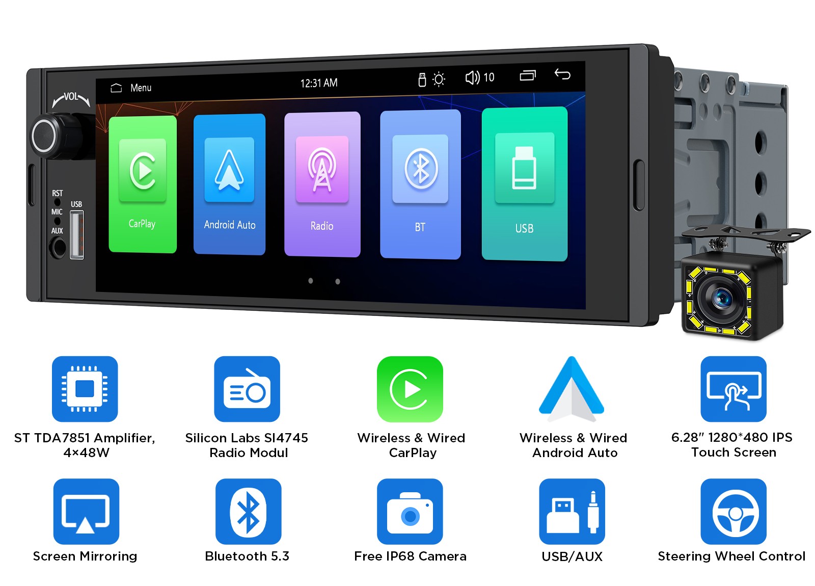 6.28″ IPS Android Auto Car Radio Head Unit Wireless CarPlay GPS Single 1 DIN RDS