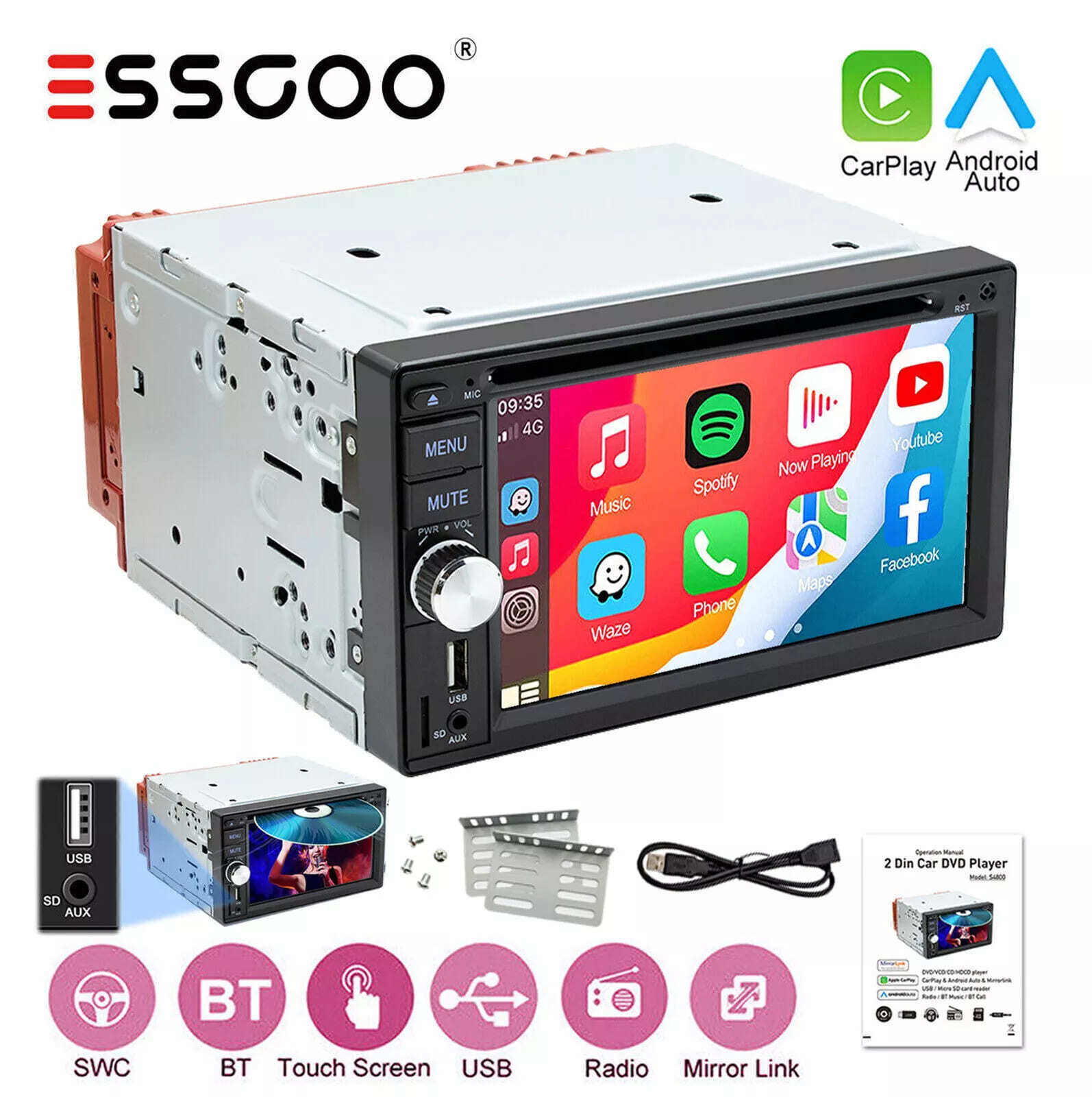 Car Radio Stereo CD DVD Player Carplay Android Auto Bluetooth USB AUX Double DIN