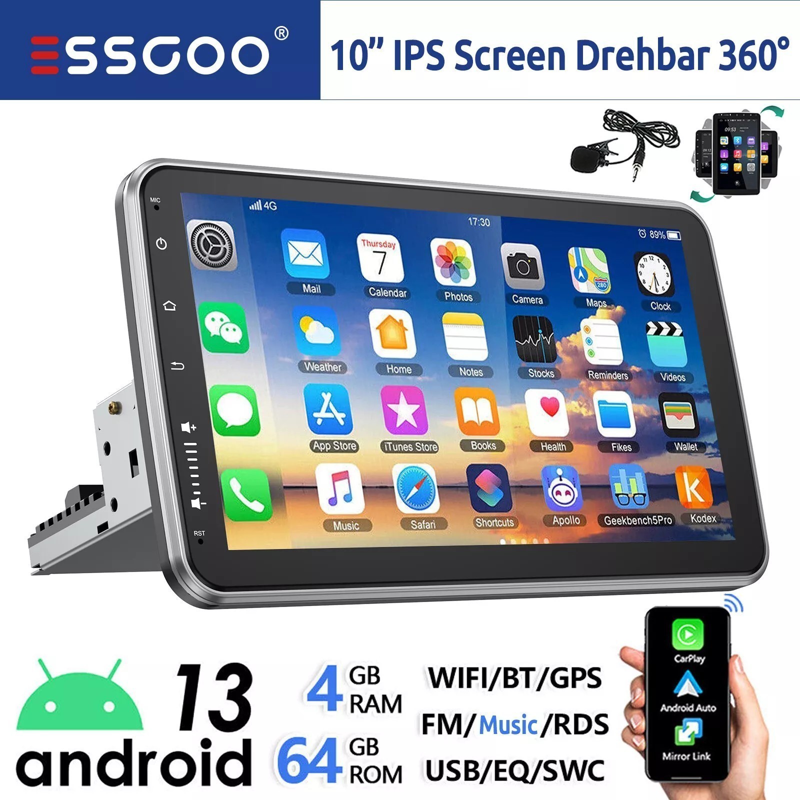 4+64G 10” Single 1 DIN Carplay Android13 Car Stereo Radio Rotatable BT GPS WIFI