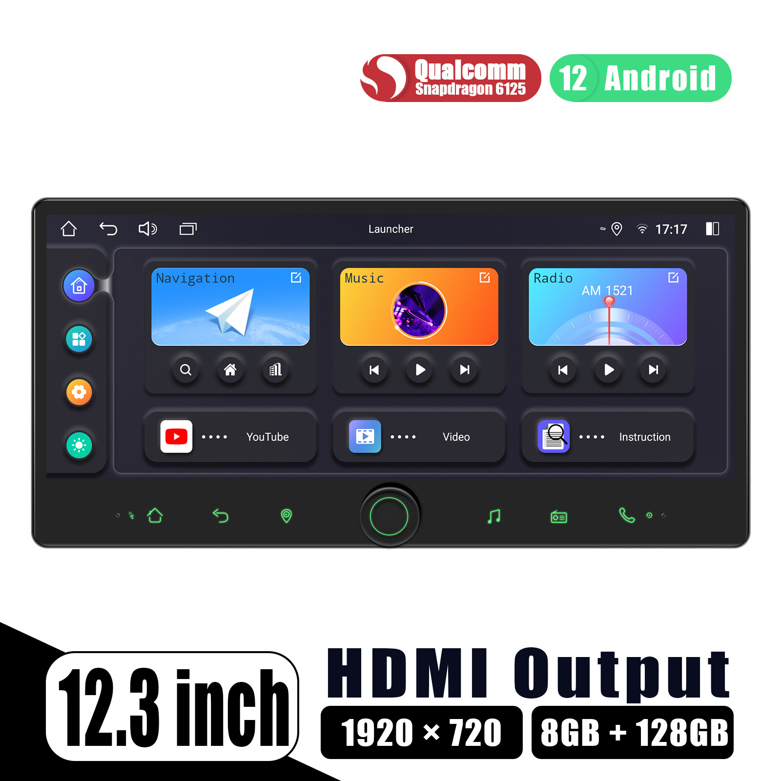 12.3 Inch Universal Single/Double Din Head Unit with HDMI Output Android 12 DSP