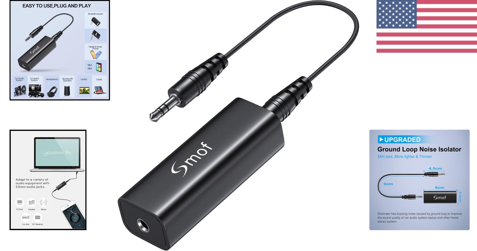 Portable Ground Loop Noise Isolator with 3.5mm Cable for Audio Systems