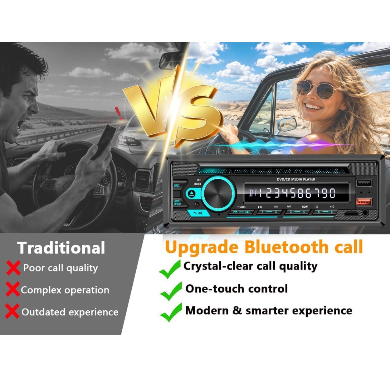 Single DIN CD/DVD Car Stereo – Bluetooth, App Control & 7-Color Backlit Display