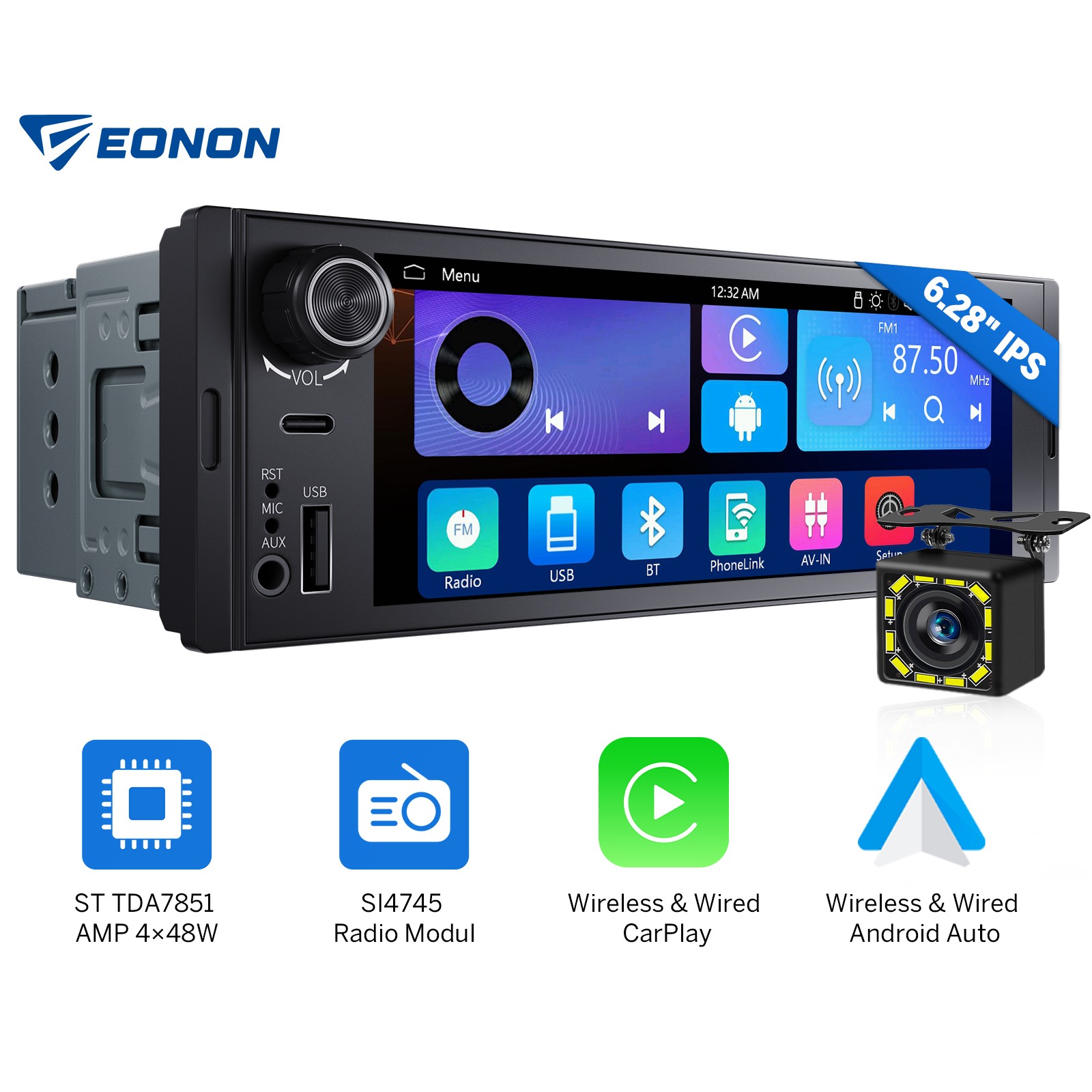 1 DIN 6.28″ Touchscreen Car Stereo Wireless CarPlay Android Auto Headunit Camera