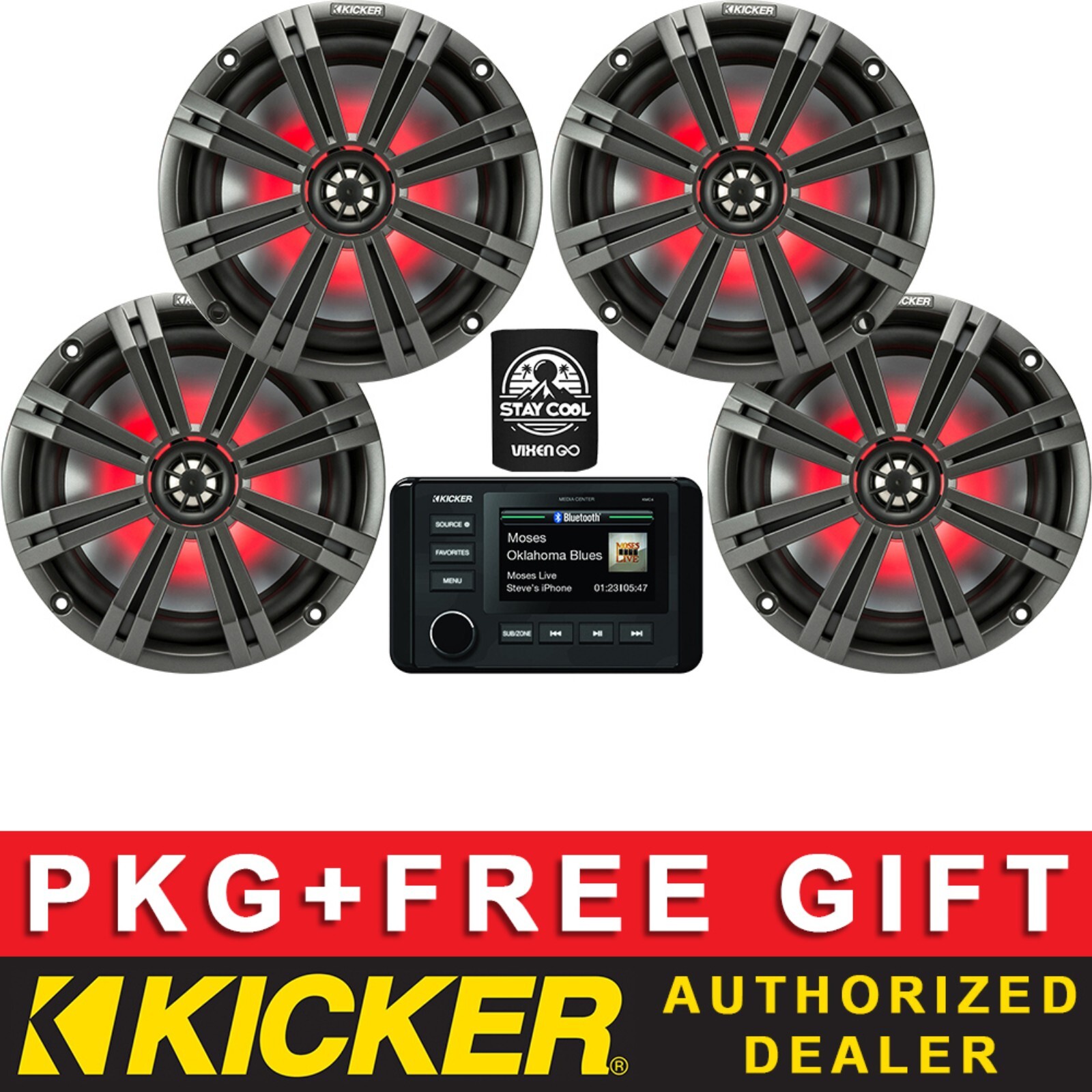 KICKER KMC4 DIGITAL MEDIA RECEIVER MARINE AUDIO PACKAGE+8″ LED SPEAKERS 2 PAIRS
