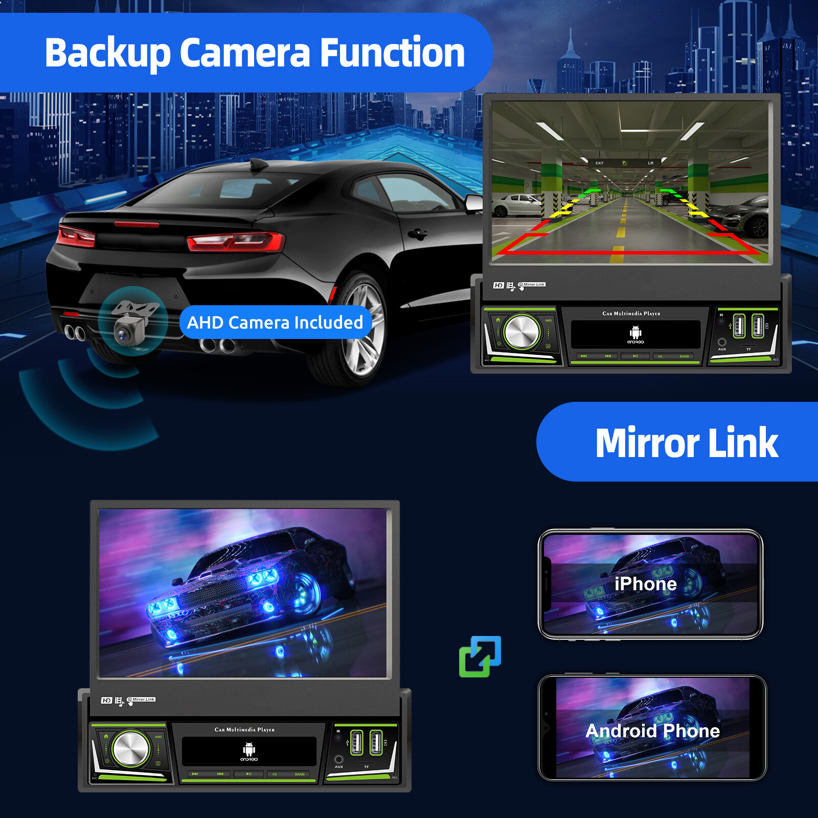 4+64G 1 DIN 7″ Flip Out Android 13 Carplay Car Stereo Radio GPS Navi WIFI FM Cam