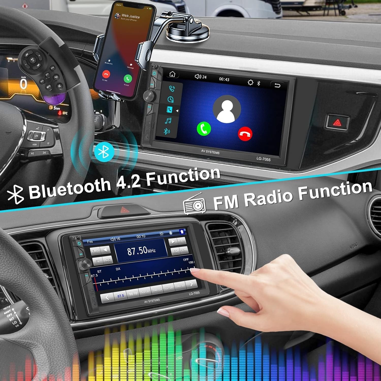 Advanced 7-Inch Double Din Stereo with FM, Bluetooth, and Steering Wheel Control