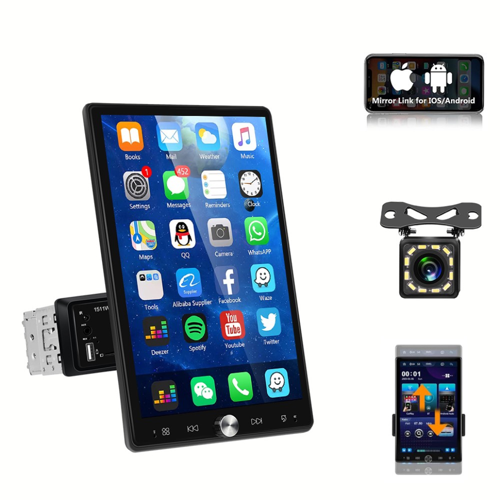 10.4″ Single 1DIN Radio Wireless Apple CarPlay Car Stereo Rotatable Touch Screen