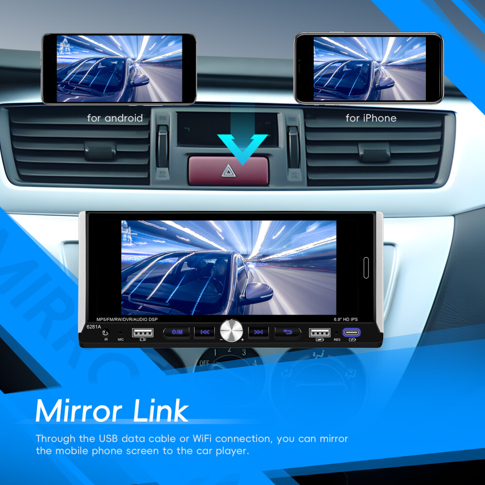 Single 1 DIN Car Radio GPS NAVI Carplay 6.9 Inch Stereo Player Android 15 2+64G