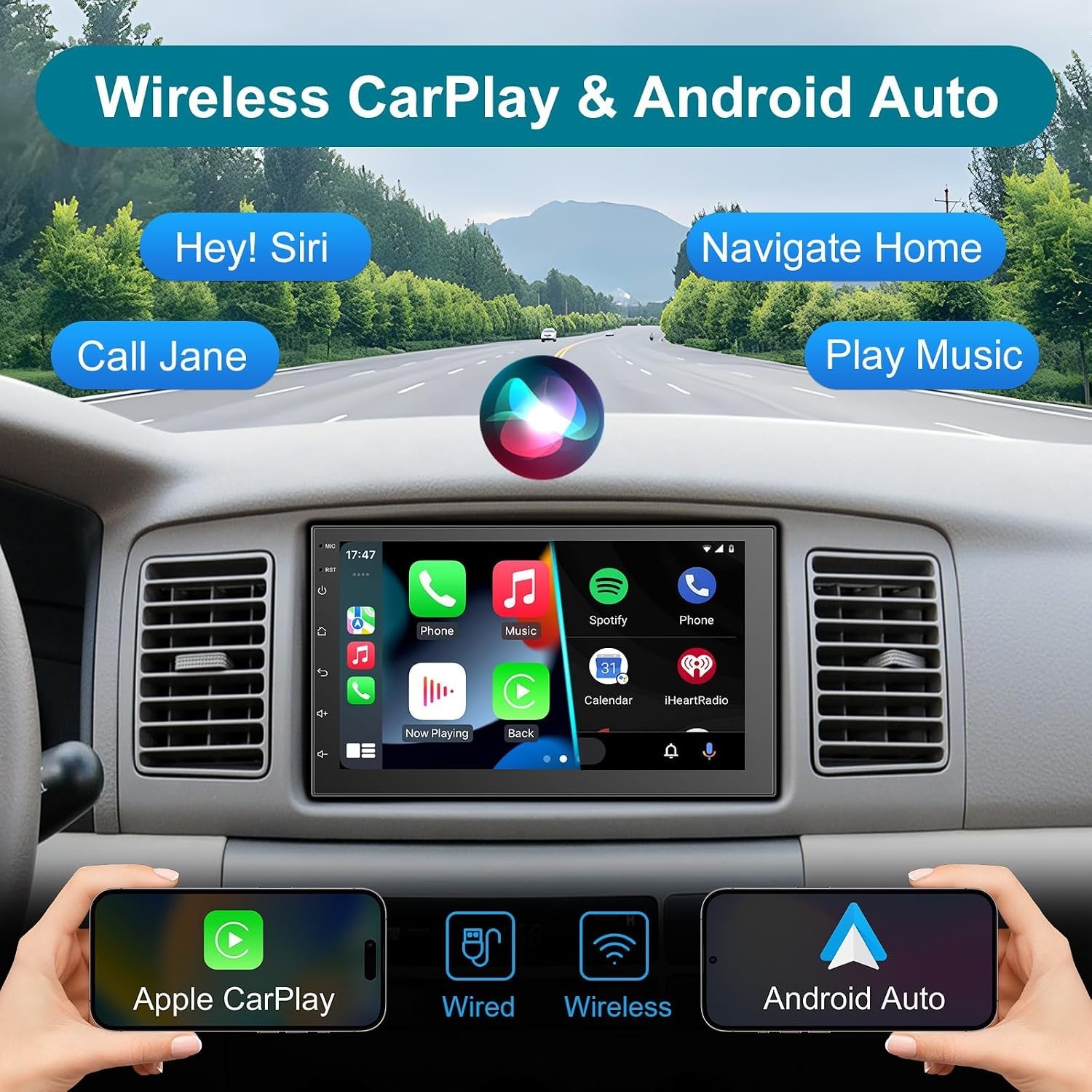 Smart 7″ Car Radio: Wireless CarPlay, Android Auto, 2+32GB, Bluetooth, HD Backup