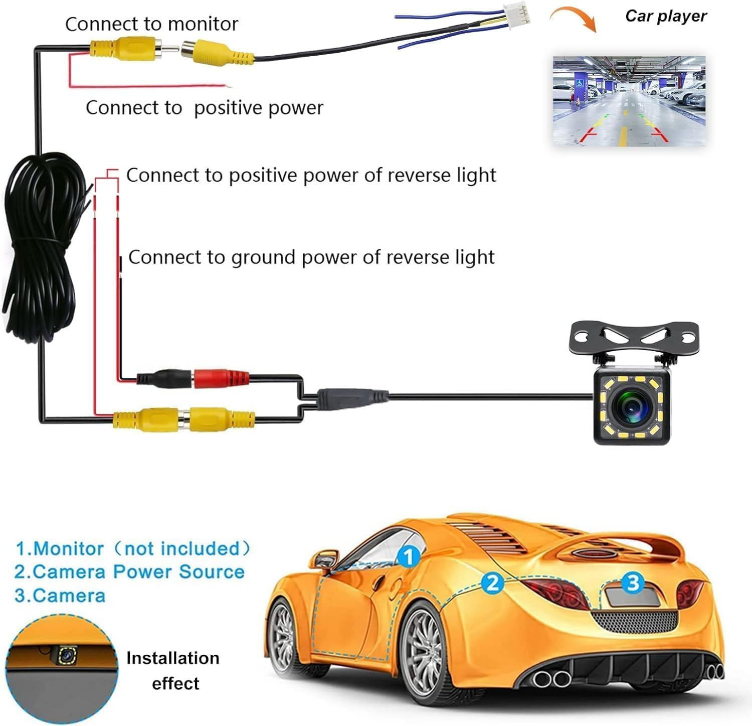 Backup Camera 12LED Night Vision IP68 Waterproof Reverse Wide Angle Parking Cam