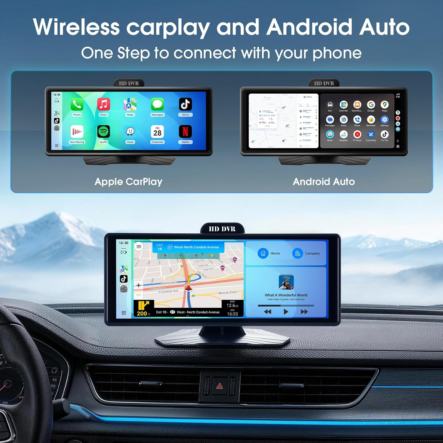 10.26″ Portable Wireless Carplay & Android Auto Display with Dash Cam & Backup C