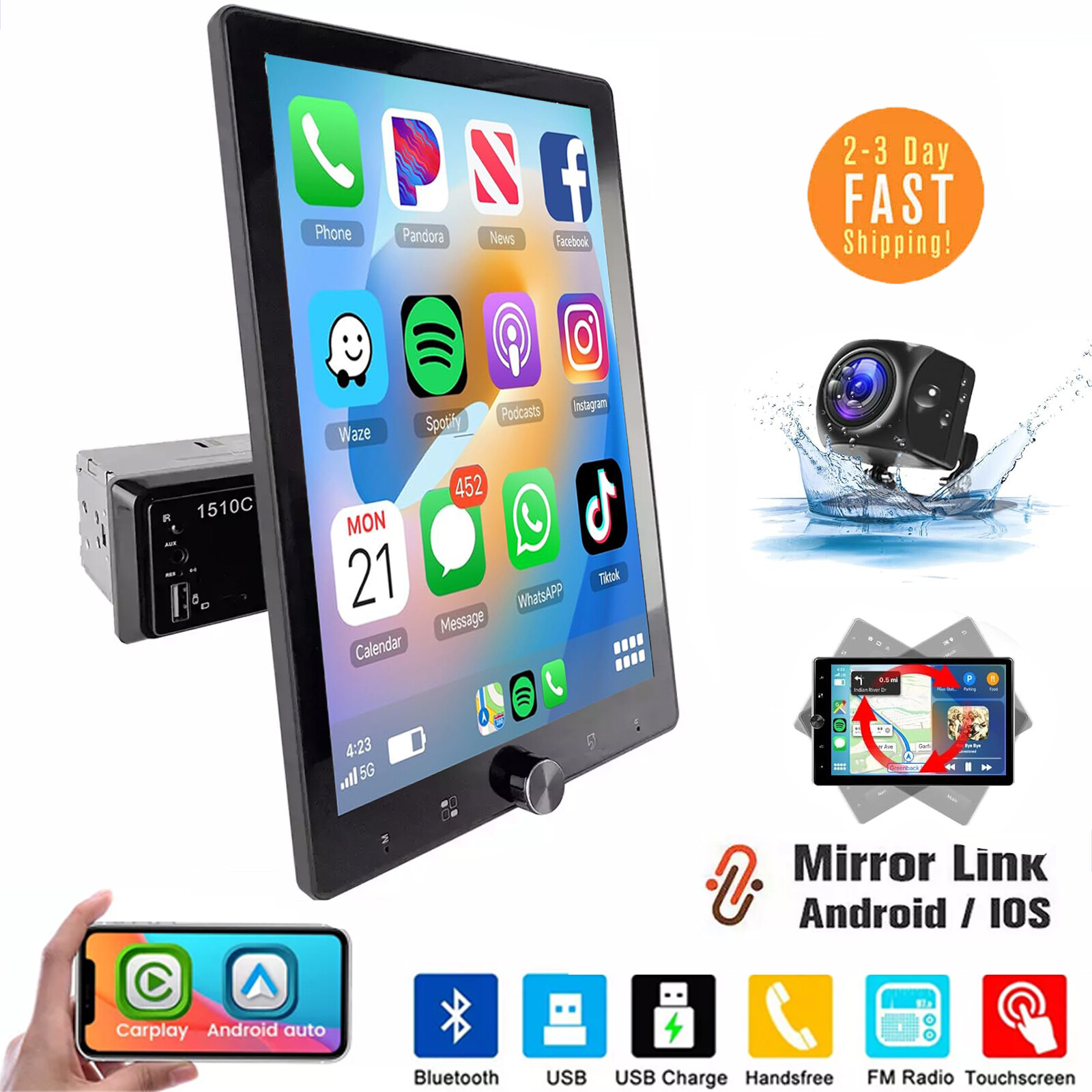 10.4” Android 14 Single DIN Apple Carplay Car Stereo Radio GPS WIFI with Camera
