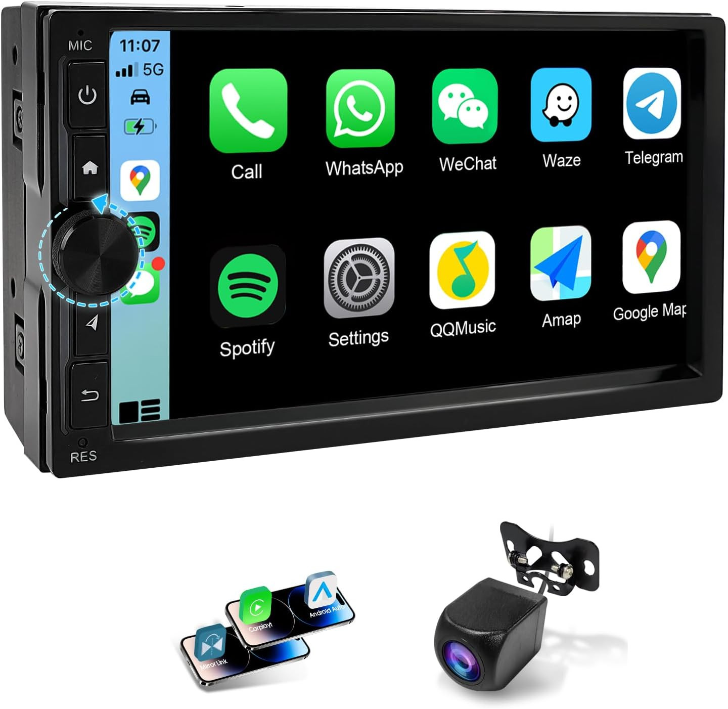7 Inch Knobs Wireless Apple Carplay Screen for Car,Double Din Car Stereo,2+32Gb