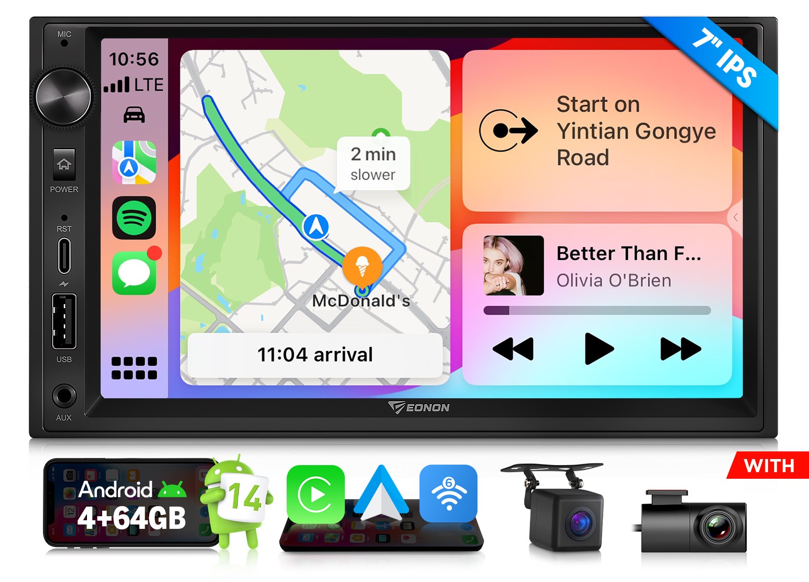 Eonon UX7A 7″ IPS Car Stereo Android 14 4+64GB CarPlay GPS Navigation Double DIN