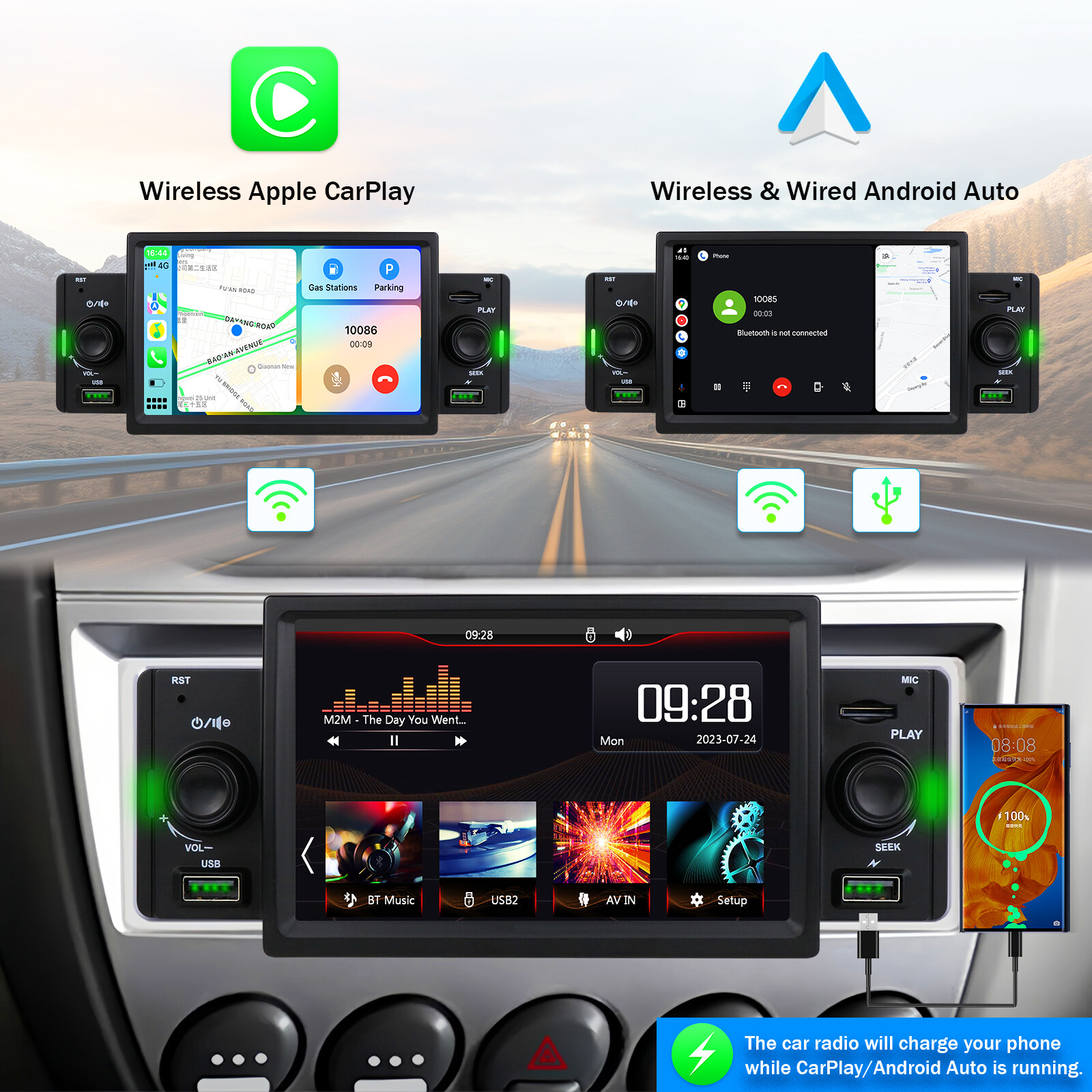 Single 1Din Car Stereo Radio Wireless Apple Carplay 5″ Touch Bluetooth DSP FM AM